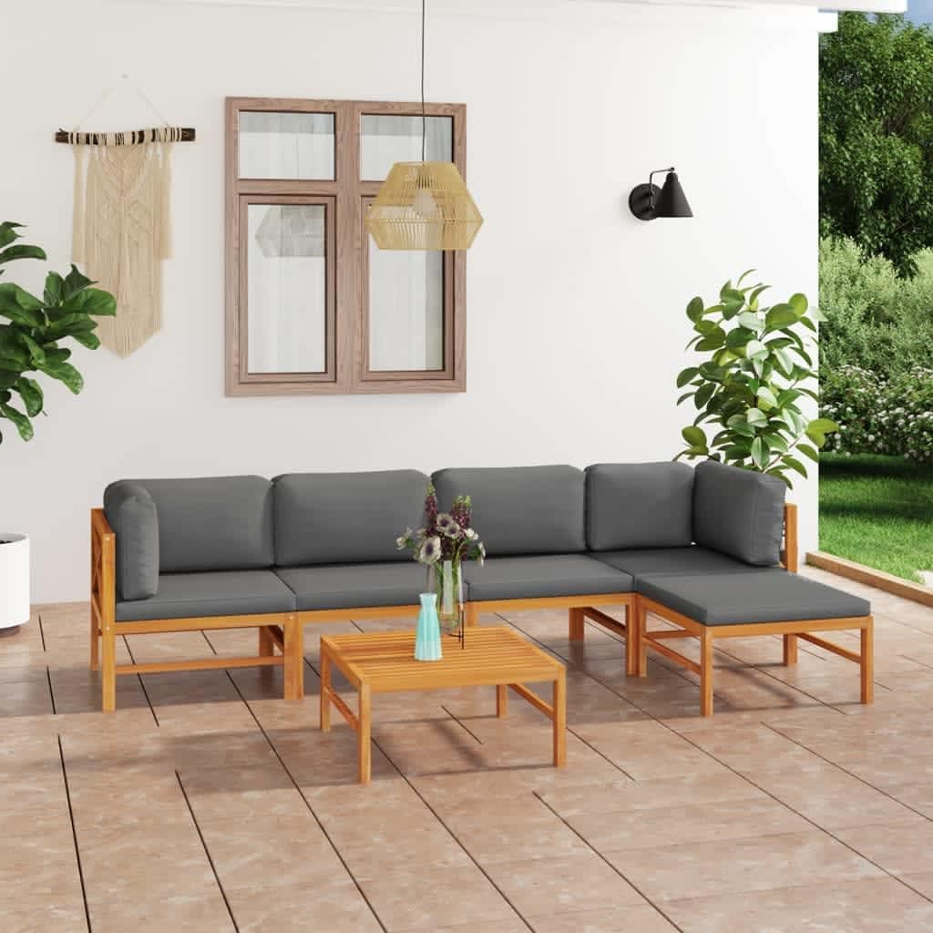 6 Piece Patio Lounge Set with Gray Cushions Solid Teak Wood,Teak Wood Patio Lounge Set with Cushions for Comfortable Outdoor Relaxation Patio Furniture Sets, Outdoor Furniture Sets
