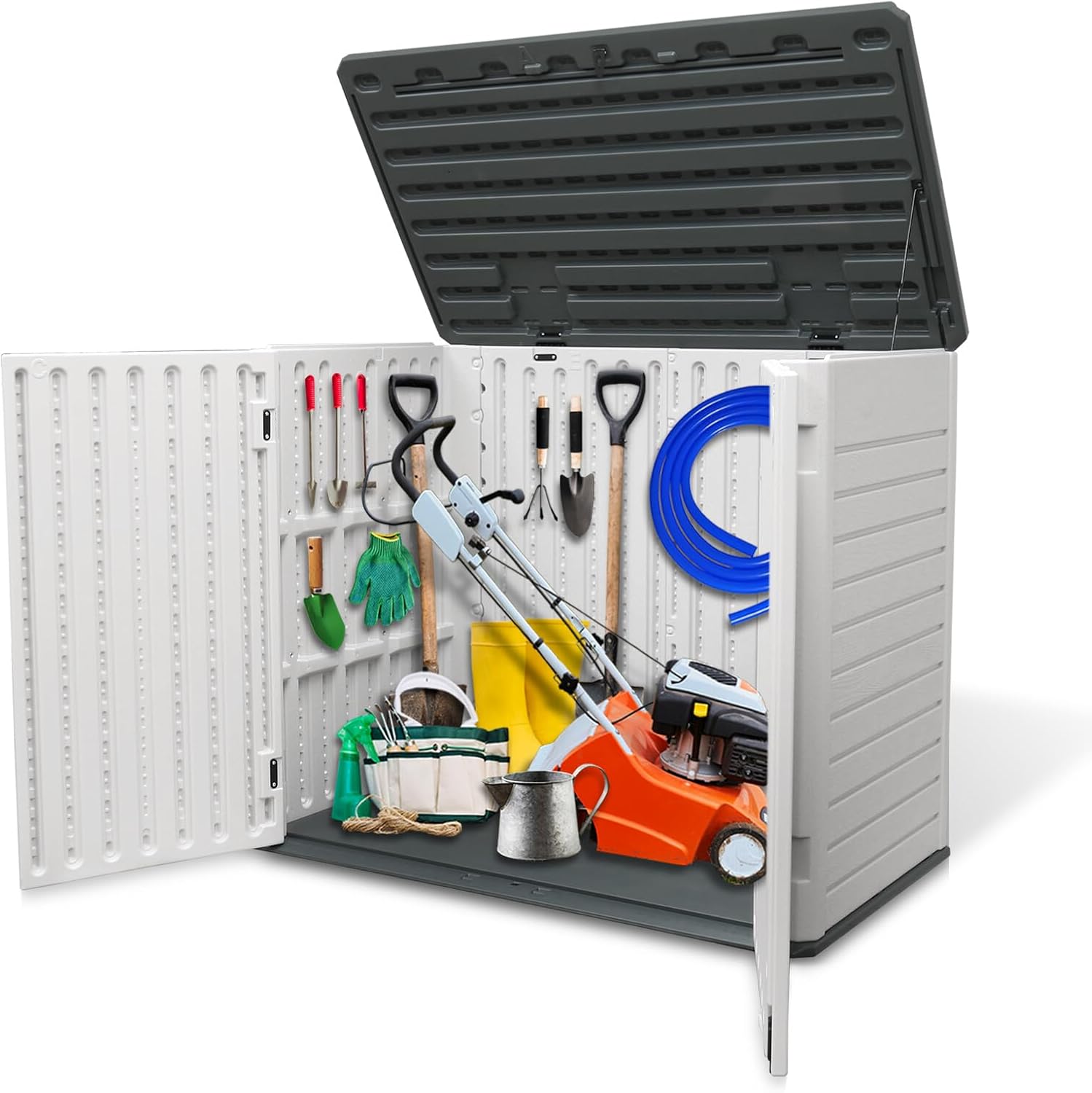 AJP Distributors 4ft x 2.5ft 35 cuft Outdoor Storage Shed, Waterproof Resin Horizontal Storage Box w/Lid & Lockable Doors for Backyard Garden Patio Pool - Bike Cushion Garbage Can Tools Lawn Mower