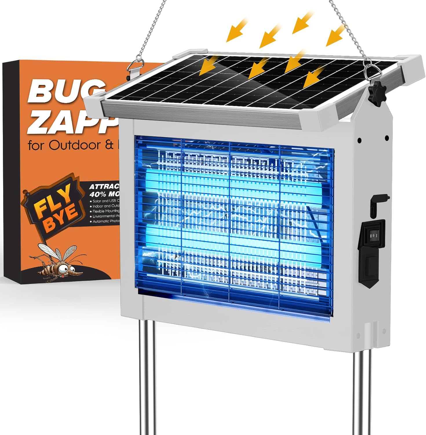 Solar Bug Zapper Outdoor, Jinyeda 4500V Mosquito Zapper Rechargeable, Cordless Electric Mosquito Killer, Waterproof Fly Insect Zapper Portable for Indoor Camping Garden Patio