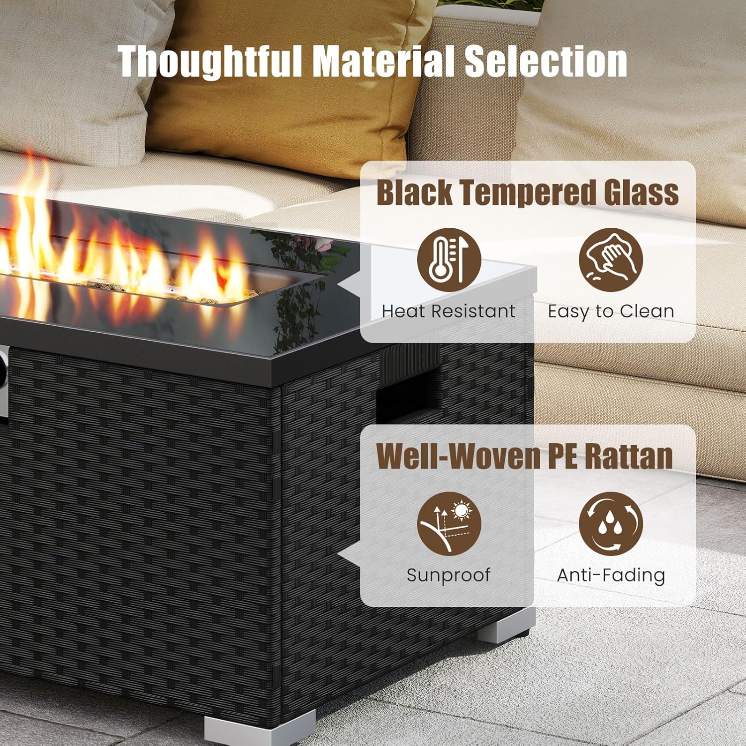 Tangkula 2 Piece Propane Fire Pit Table Set with Tank Cover, Outdoor Rattan Gas Firepit with Lid, Tempered Glass Tabletop, Protective Cover, 40,000 BTU Rectangle Fire Table Set for Outside (Black)