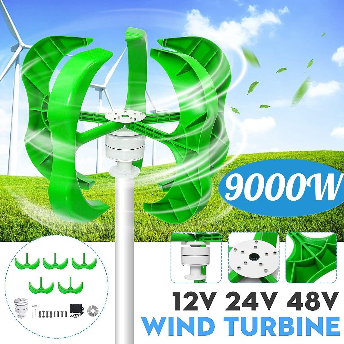 12V-220V Wind Turbine Generator 9000W 5 Blade Generator Lantern Wind Turbine Vertical Axis for Street Lantern + Controller