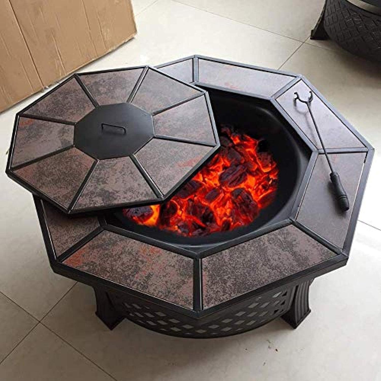 Fire Pit BBQ Grill Fire Bowl Octagonal Ceramic Barbecue Table Outdoor Charcoal Barbecue Stove Indoor Heating Brazier