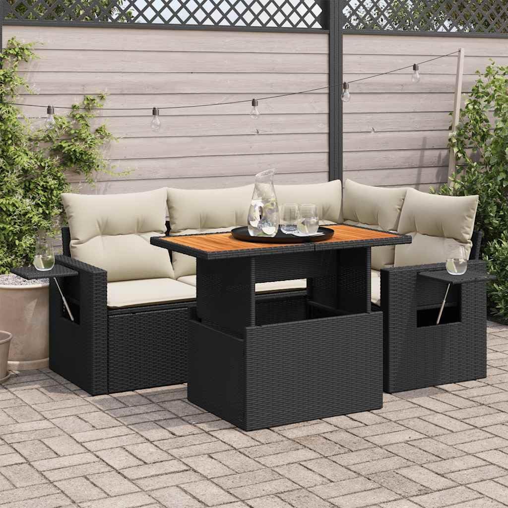 5-Piece Garden Sofa Set, Black Poly Rattan, Solid Acacia Wood, Modular Outdoor Patio Furniture, Balcony Dining Table and Chairs Set for 5 People