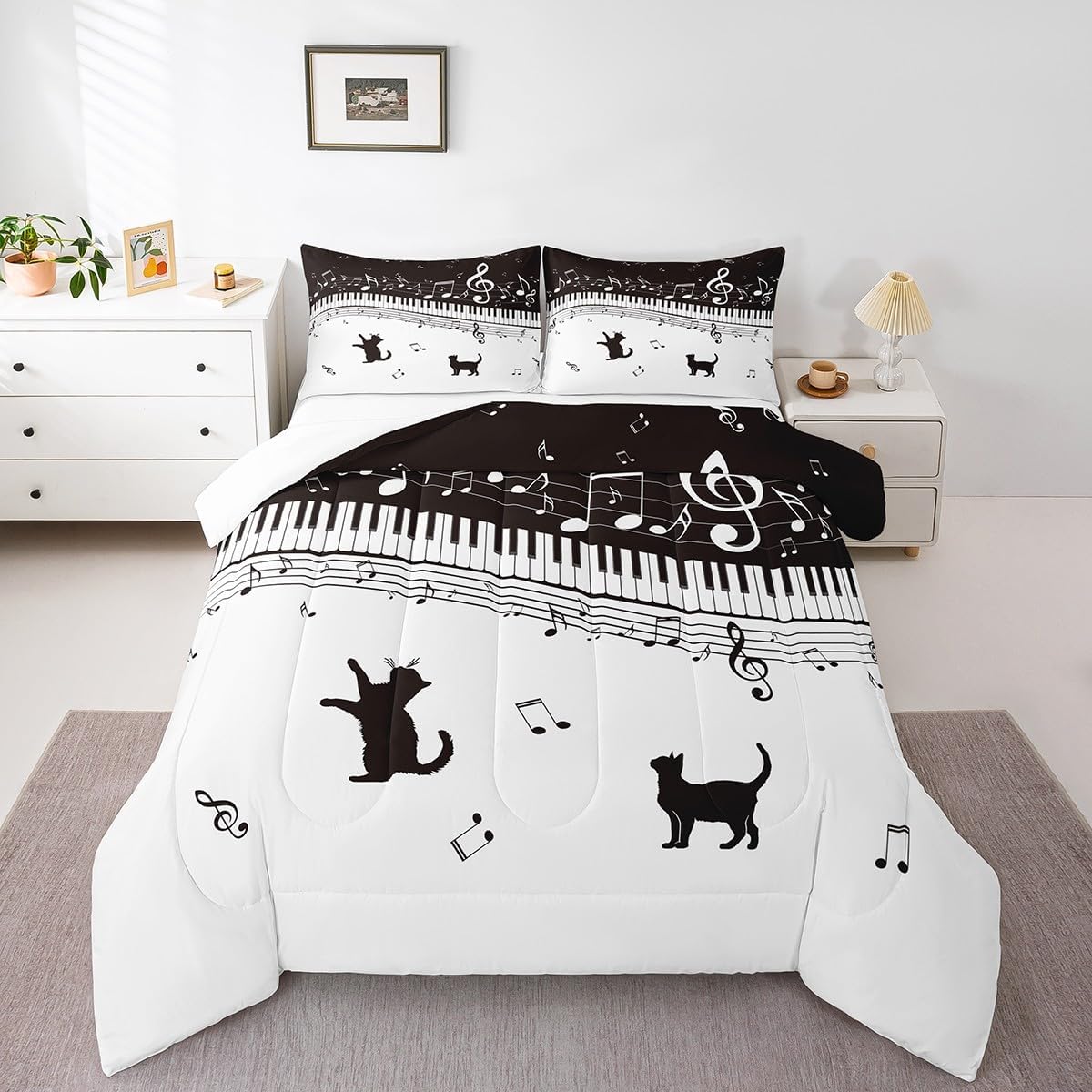 Piano Comforter Set King Size Black Musical Notes Bedding Set 3pcs for Kids Teens Girls Music Lover Room Decor Cat Pet Silhouette Quilt Set White Microfiber Duvet Insert,2 Pillowcases
