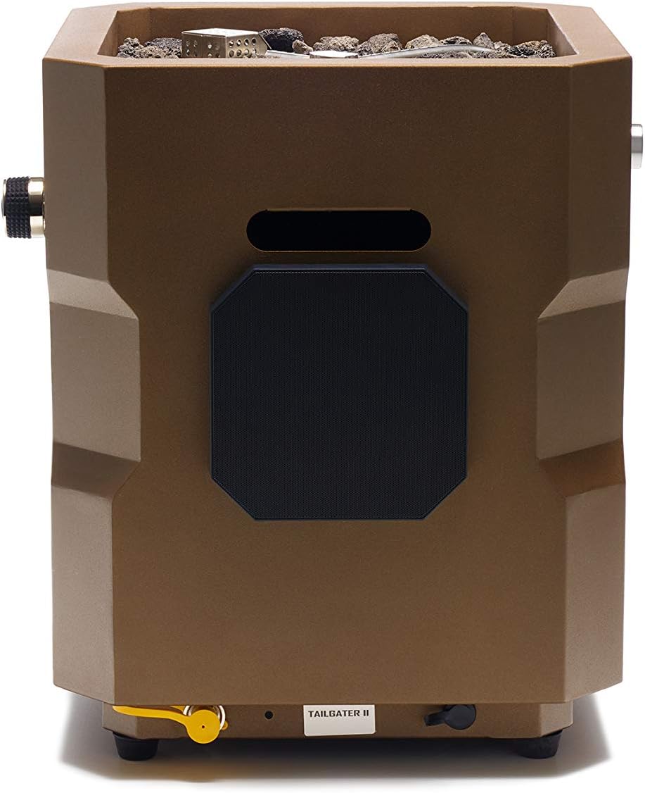 Onlyfire Tailgater II Music Fire Fit Table by Beat Fire to Music Technology - Portable Brown Camping Fire Pit with Stainless Steel Burner, Lava Rock & Built-in Entertainment Sound System