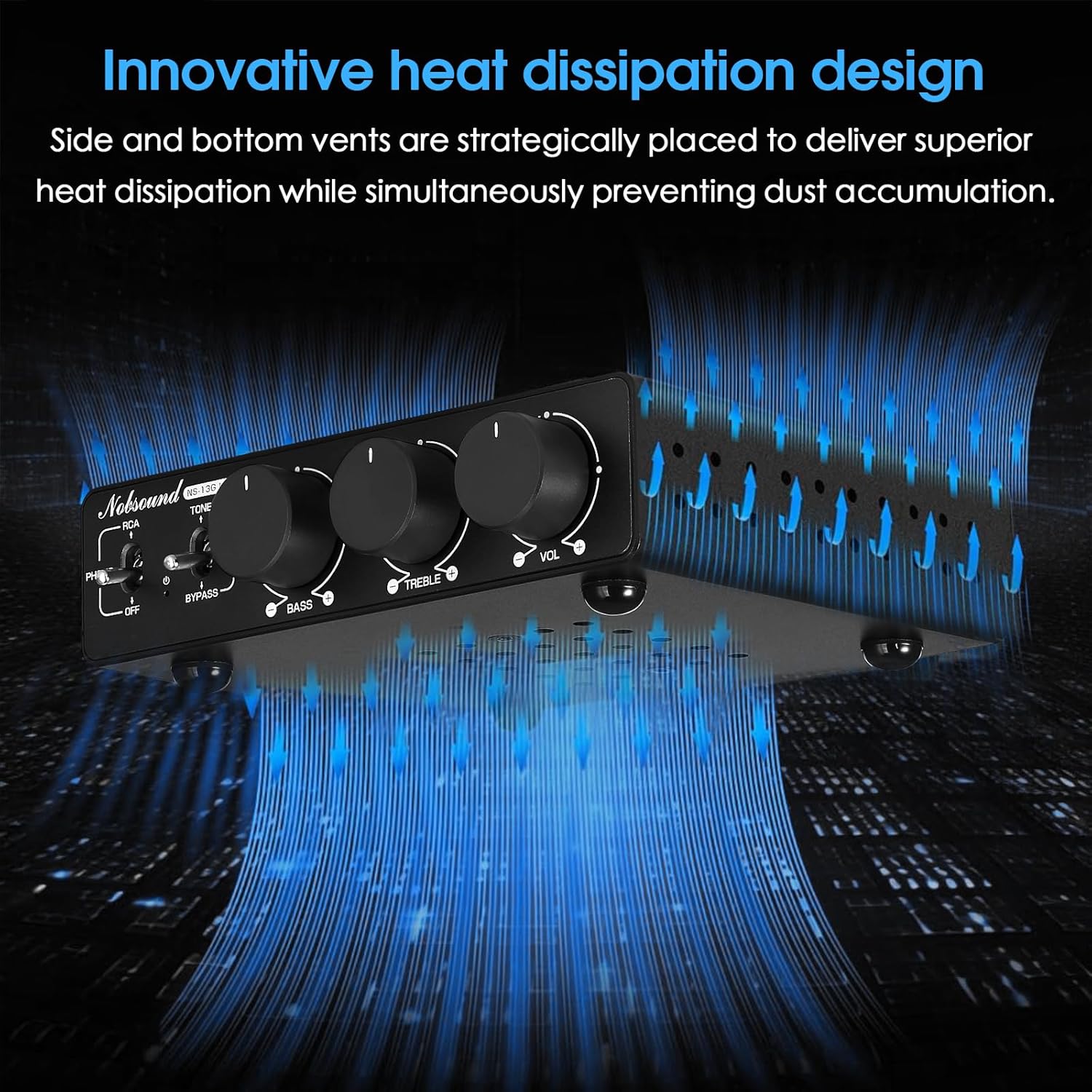 Nobsound 300Wx2 Stereo Amplifier with Phono Input - HiFi Class D Mini Power Amp for Home Theater, Turntables, Studio Monitor | TPA3255 Chip, RCA/MM Inputs, Bass/Treble Control (NS-13G MAX DC 48V)