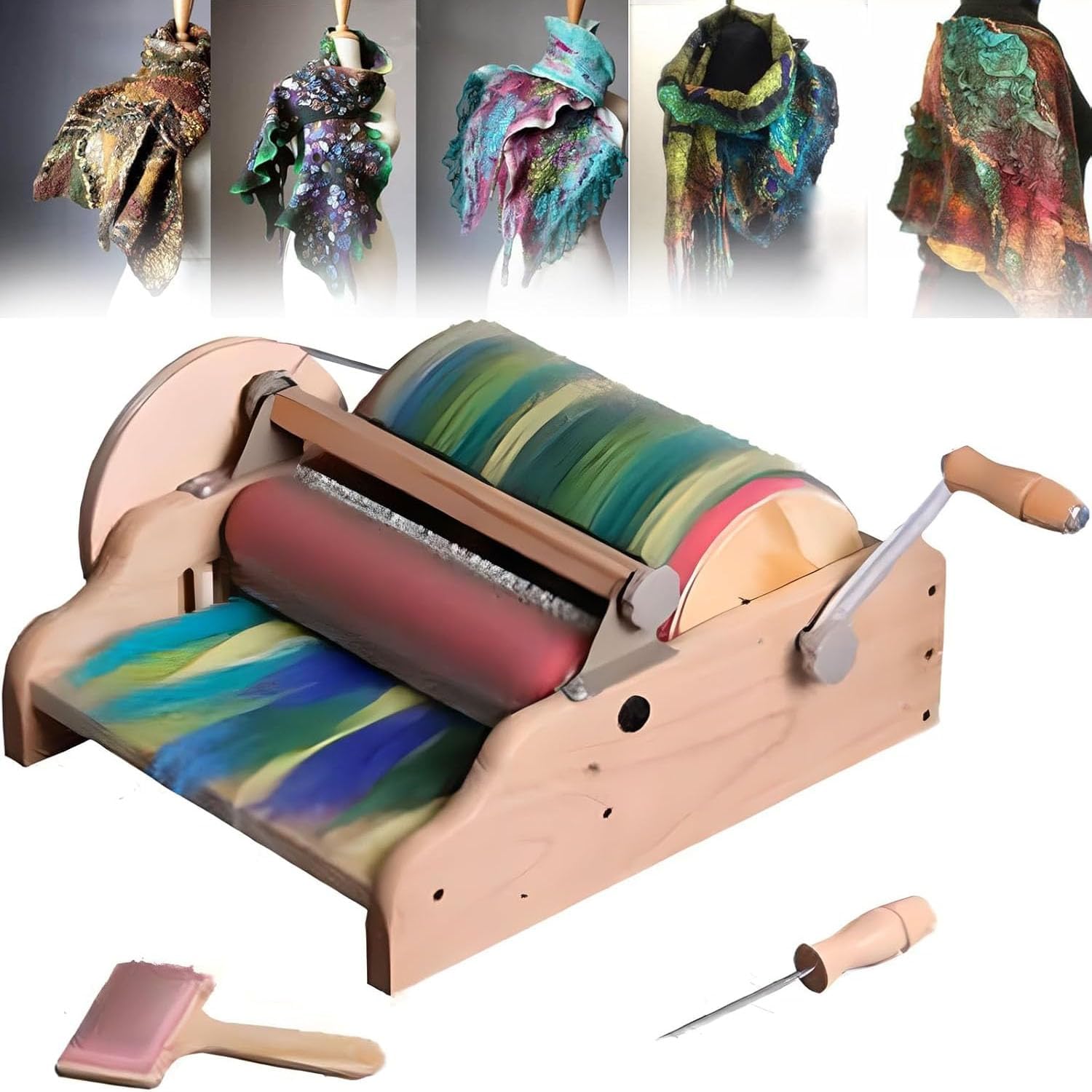 DIY Manual Wool Felt Machine, Drum Carder Brush Set, Wool Blending Board Carding Machine with Cleaning Brush and Awl, Drum Diameter 315mm, Adjustable Roller Gap for Crafting and Color Mixing