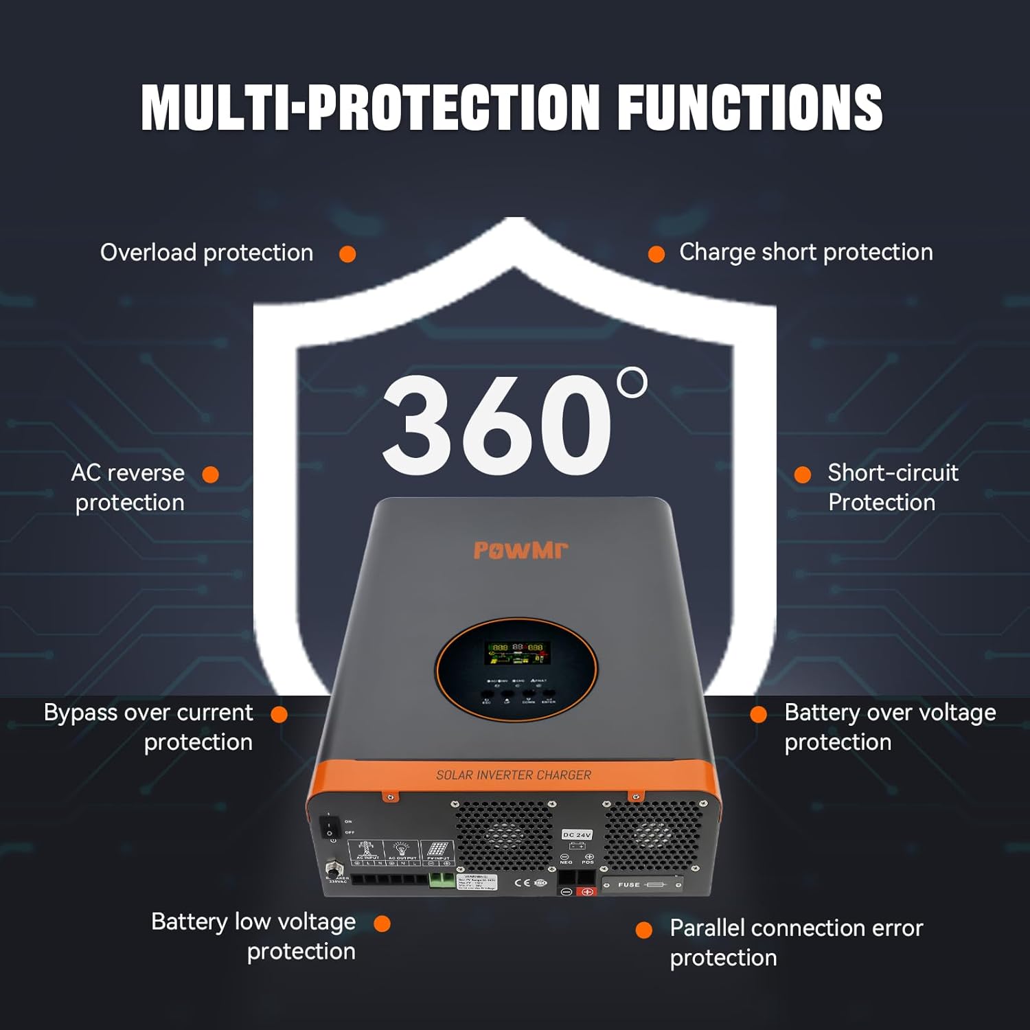 Hybrid Solar Inverter 3000W, 24VDC to 110/120VAC, Off Grid Low Frequency Inverter w/Peak 9000W, Max PV Array 1600W, PV Voc max 105 Vdc, 60A MPPT Charge Controller, for 24V Lead Acid & Lithium Battery