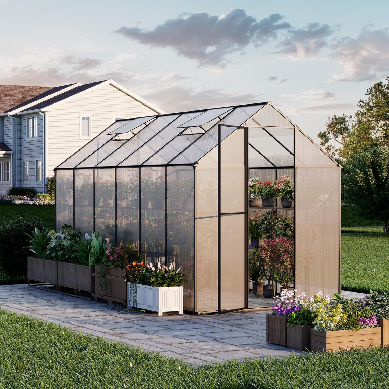 6x12FT Walk-in Greenhouse, Heavy Duty Polycarbonate Greenhouse with Aluminum Frame, Lockable Door & Adjustable Roof Vent, UV Protection Large Outdoor Greenhouses for Garden Backyard