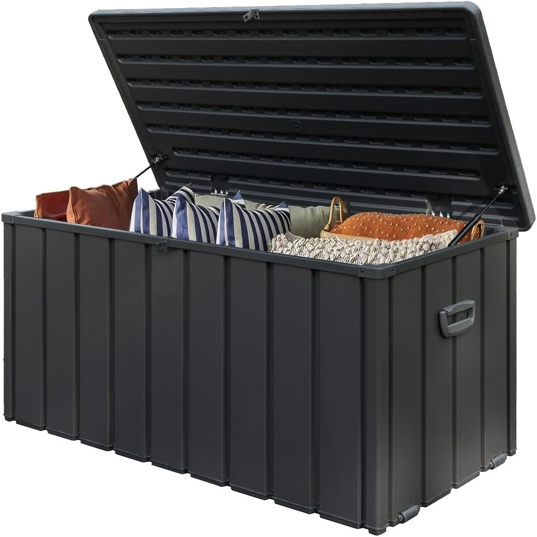 Domi 100 GallonGallon Deck Box, Metal Outdoor Storage Box Resin Lid with Lock Wheels, Waterproof Outside Storage Box for Patio Cushions