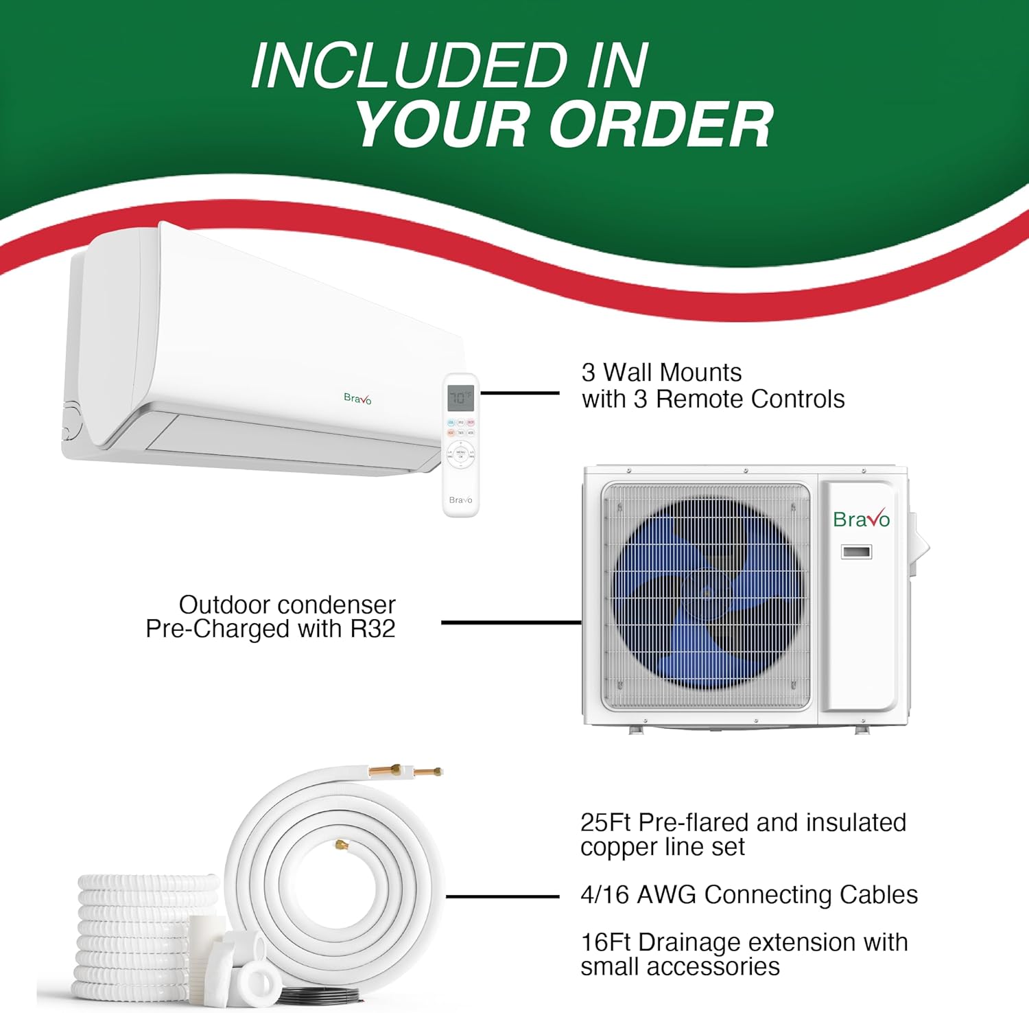 BRAVO 24,000 BTU 3-Zone 9000 + 9000 + 9000 BTU Wall Mount, 23 SEER2 Ductless Mini Split AC & Heat Pump – Includes Smart Control & 25FT Installation Kits – Inverter System