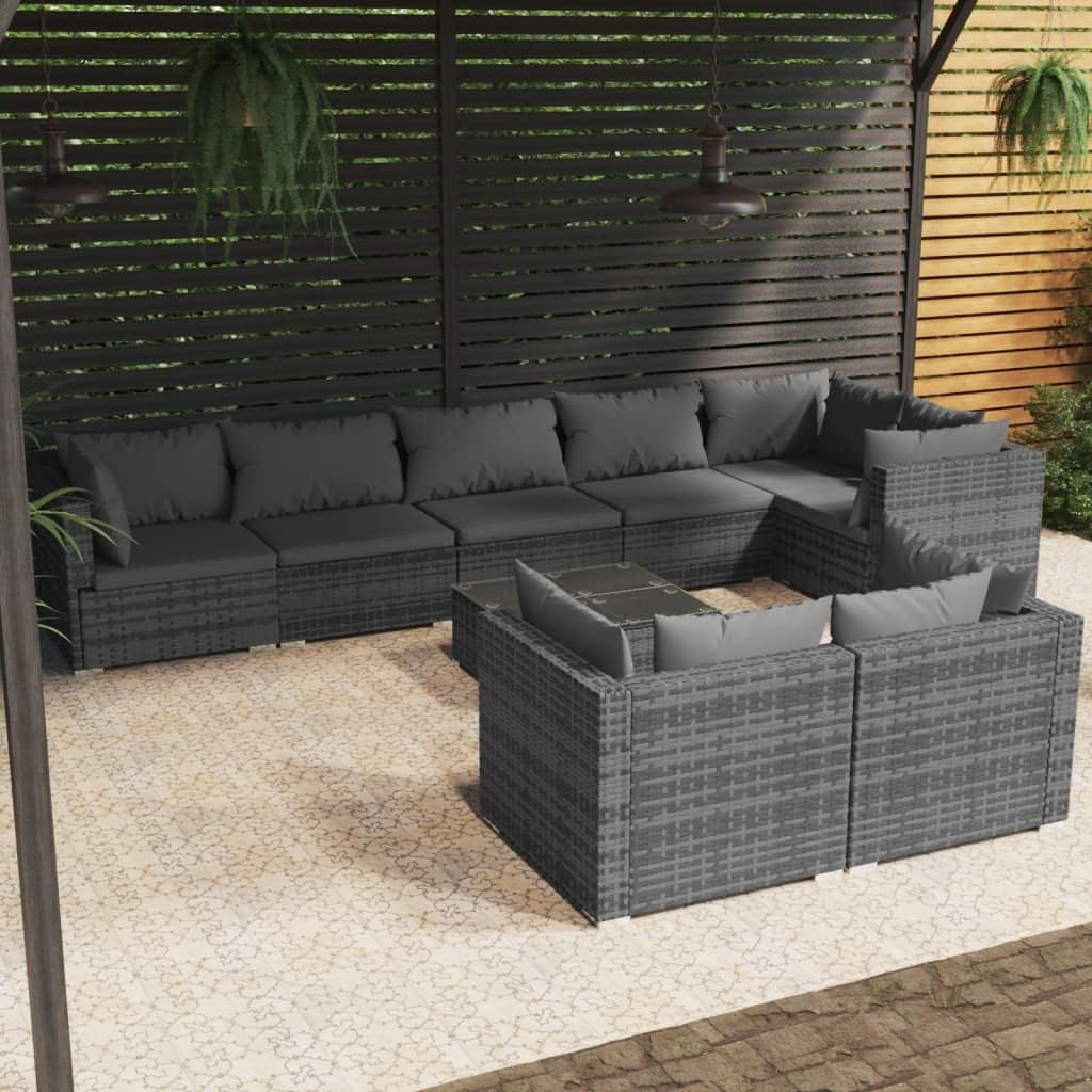 9 Piece Patio Lounge Set with Cushions Gray Poly Rattan,Premium Rattan Patio Lounge Set: Modular Sofa with WaterResistant Cushions for Outdoor Relaxation Patio Furniture Sets, Outdoor Furniture Sets