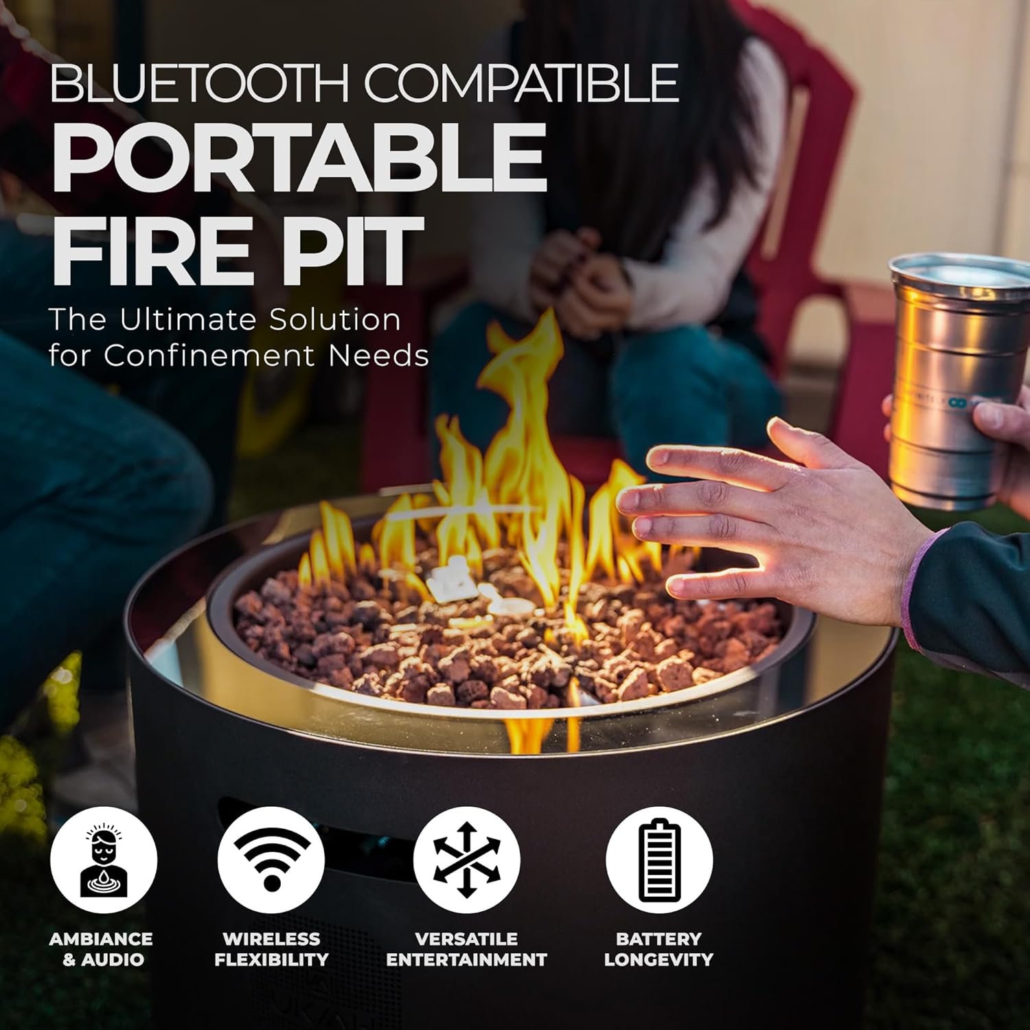 Ukiah Co. Voyager II Rechargeable Wireless Bluetooth 4 Mode Tabletop Propane Fire Pit Speaker Sound System with Lava Rocks and Cover, Black