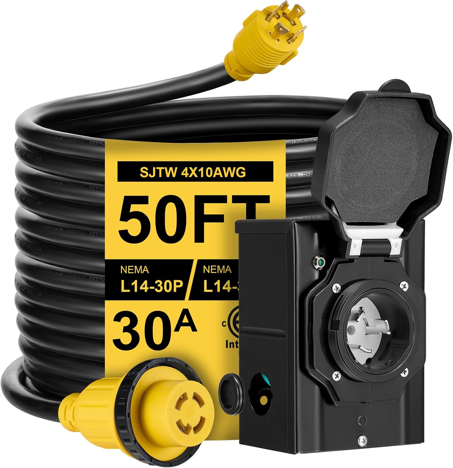 50FT 30 Amp Generator Cord with Pre-Drilled Power Inlet Box,Heavy Duty Generator Power Cord 4 Prong,125/250V,NEMAL14-30P/14-30R,Waterproof,ETL Listed,Home/RV Power Supply