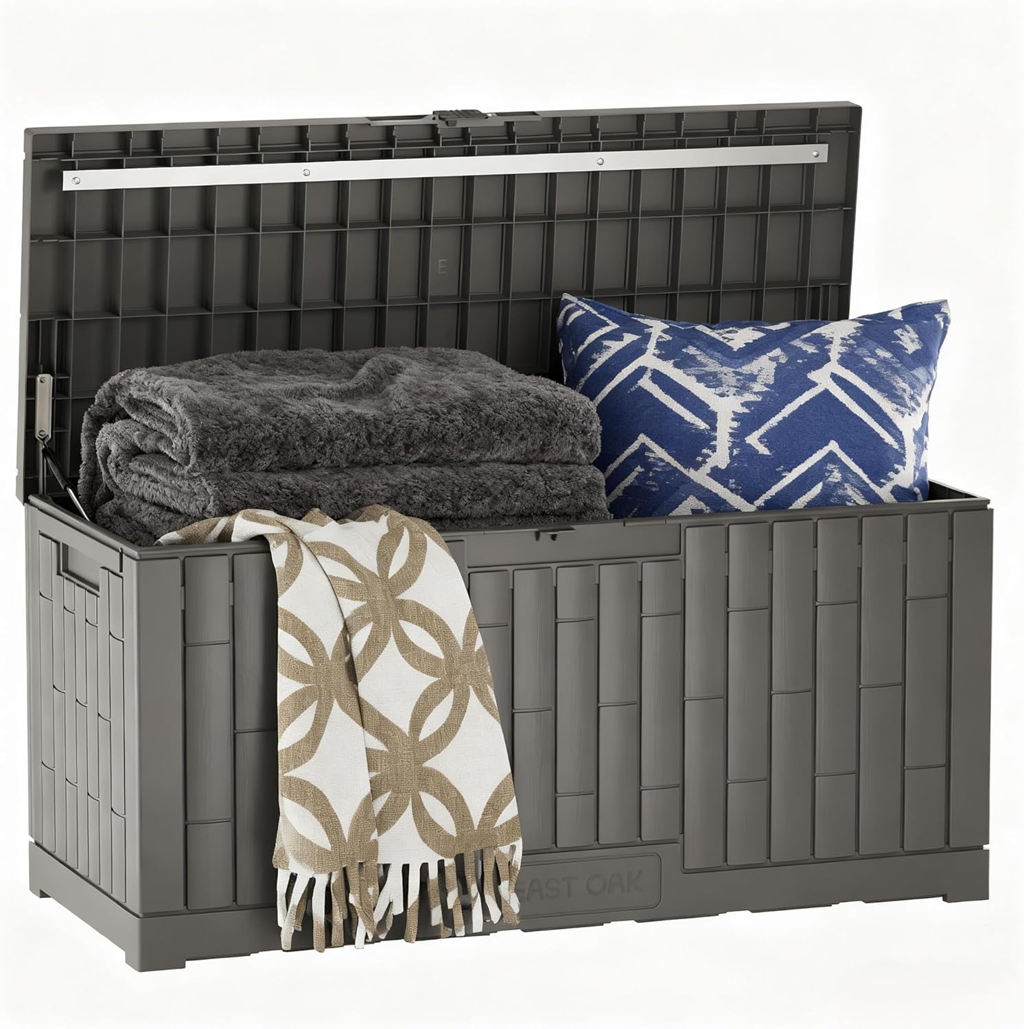 EAST OAK 120 Gallon Outdoor Storage Box, Large Resin Deck Box with Reinforced Stainless Steel Support, Waterproof & UV-Resistant Patio Storage Boxes for Cushions, Garden Tools & Pool Accessories, Grey