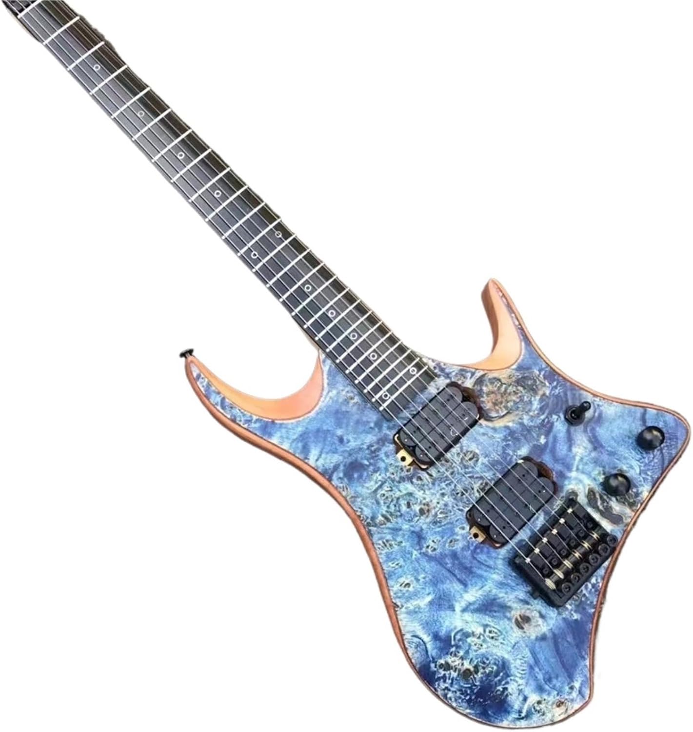 Beginner Electric Guitar Kits Headless Electric Guitar Transparent Blue Burl Surface Hexagonal Pickup