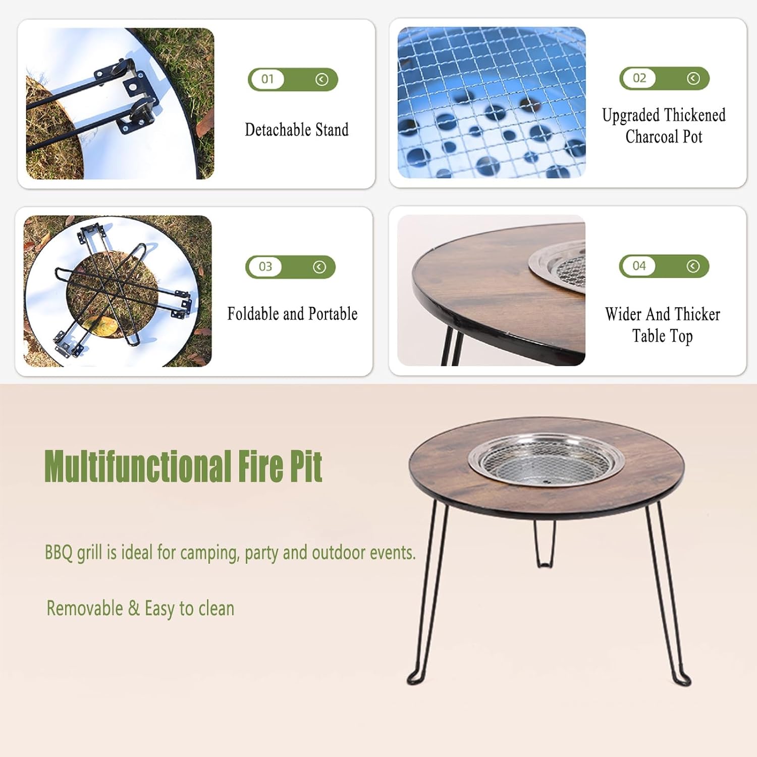 Multifunctional Fire Pit Table, Portable & Folding BBQ& Outdoor Wood Burning Firepit with Cooking Grate and Fire Tongs for Camping, Bonfire & Outdoor Heating