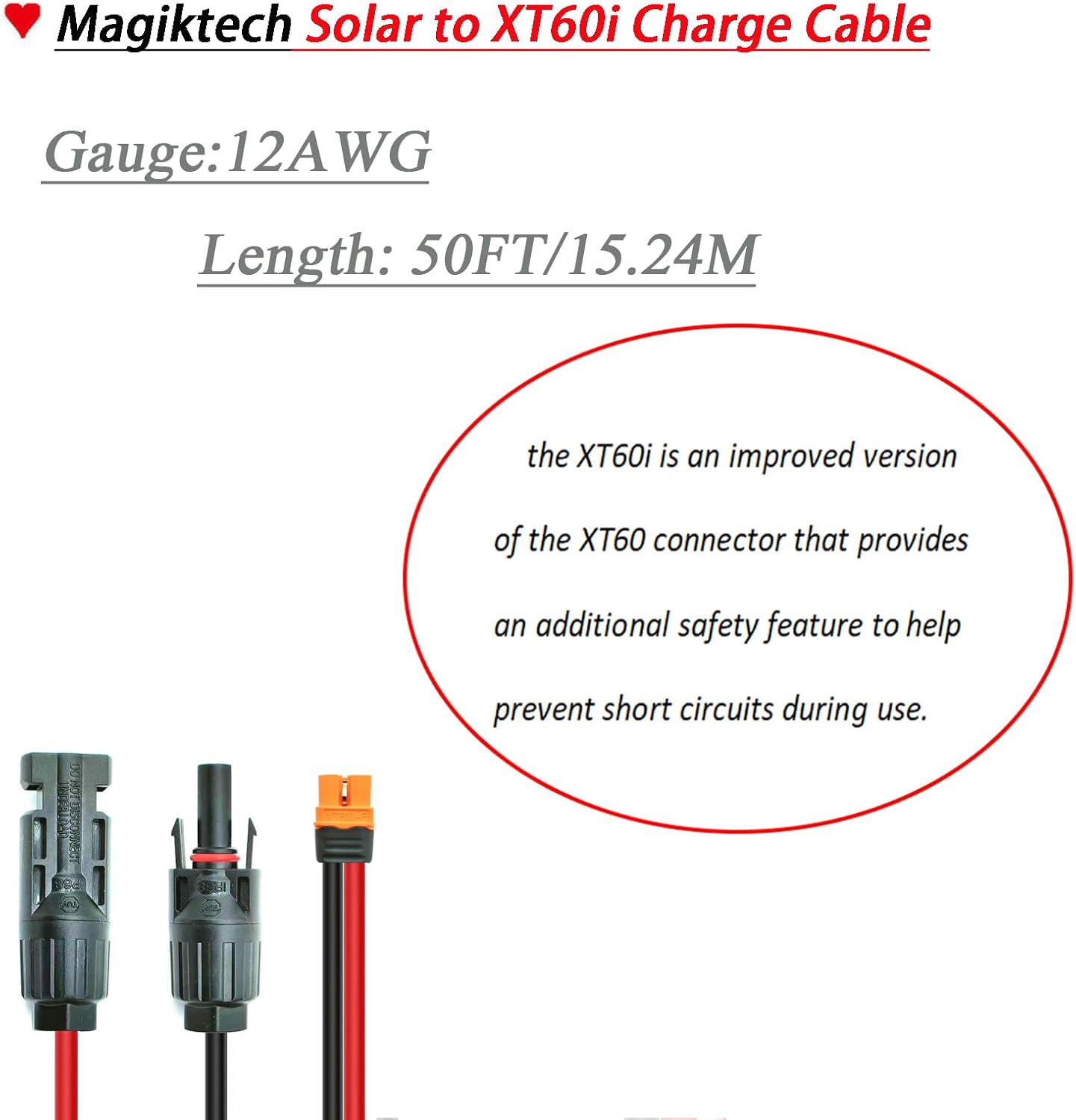 Solar Panel Kits Charge Cable with XT60i Connectors,Solar Connectors to XT60i Adapter for Portable Power Stations & Solar Generators (12AWG 50FT)
