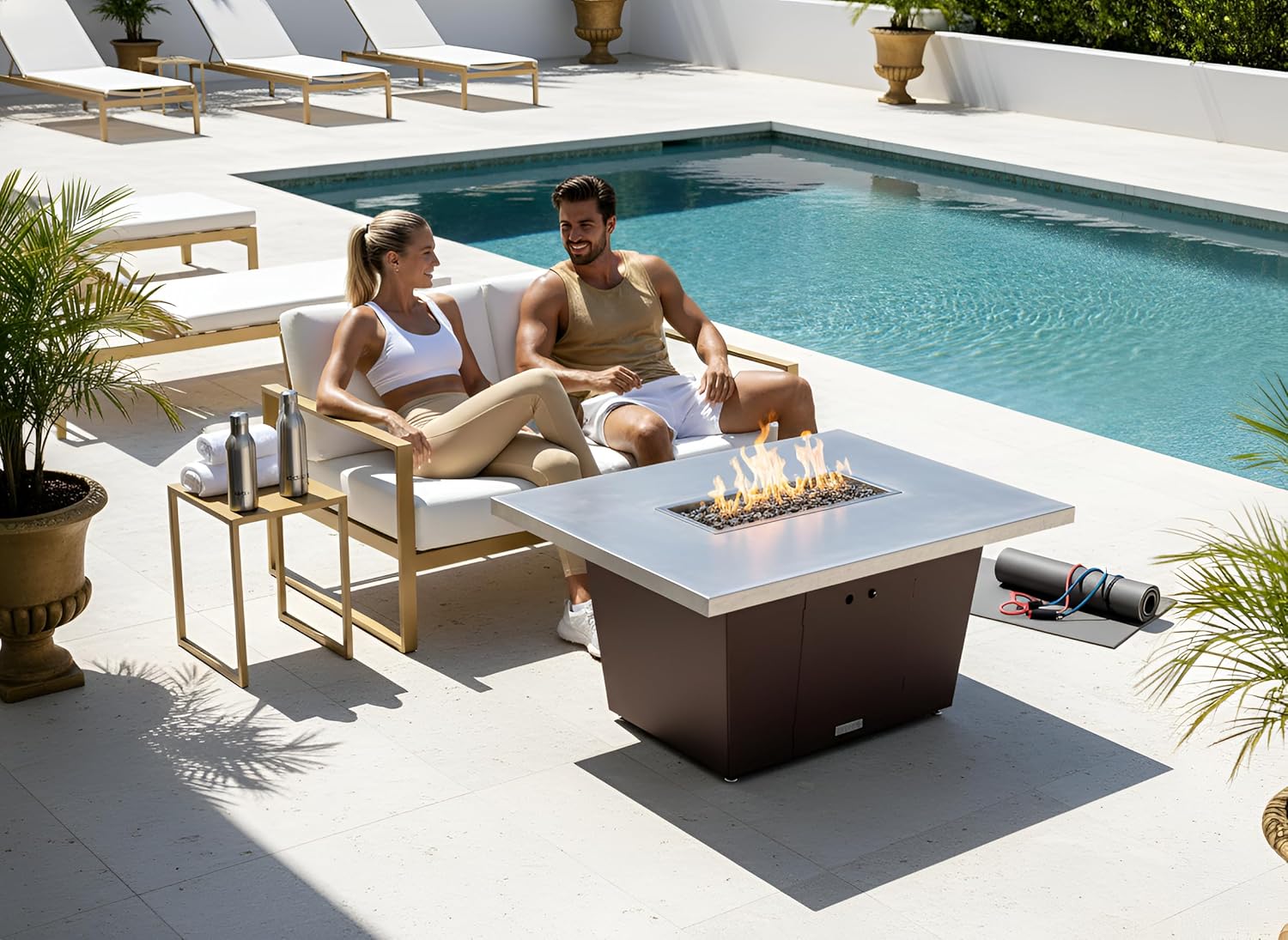 COOKE Palisades Rectangular Fire Pit Table - 52x36 - Chat Height - Natural Gas - Brushed Aluminum Top with 3cm Edge - Dark Cherry Powdercoat Base