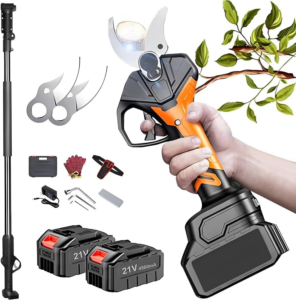 Cordless Pruners, Electric Pruning Shears with 2 Battery and 1 Charger, 280cm High Reach Extension Pole, 70mm Cutting Diameter, for Pruning Trees and Shrubs and Fruit Trees