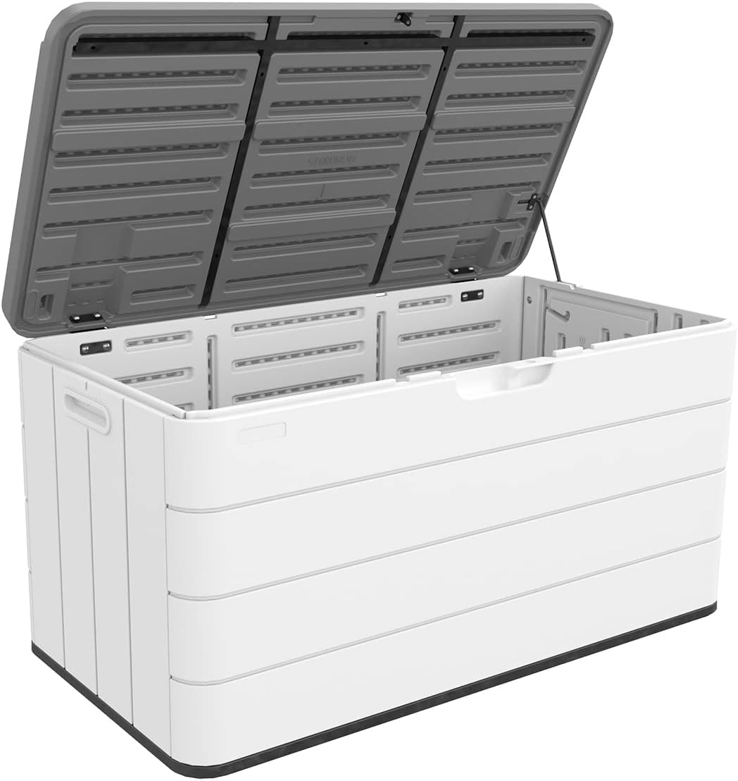 TARKARI 100 Gallon Plus Deck Box, Outdoor Storage Box Lockable for Patio Furniture, Garden Tools, Pool Accessories, UV-Resistant for All Weather Use, White