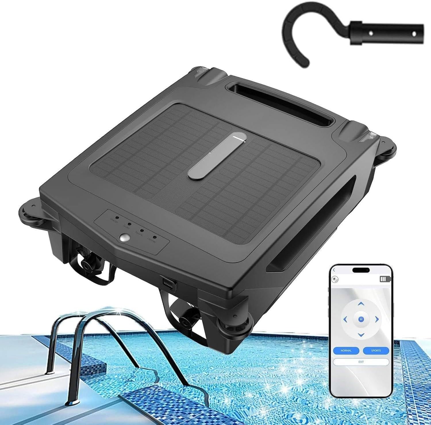 Solar Pool Skimmer with 2500Mha Battery/Large Capacity Debris Basket, Automatic Pool Cleaner, Dual Mode Cleaning, Intelligent Route Planning