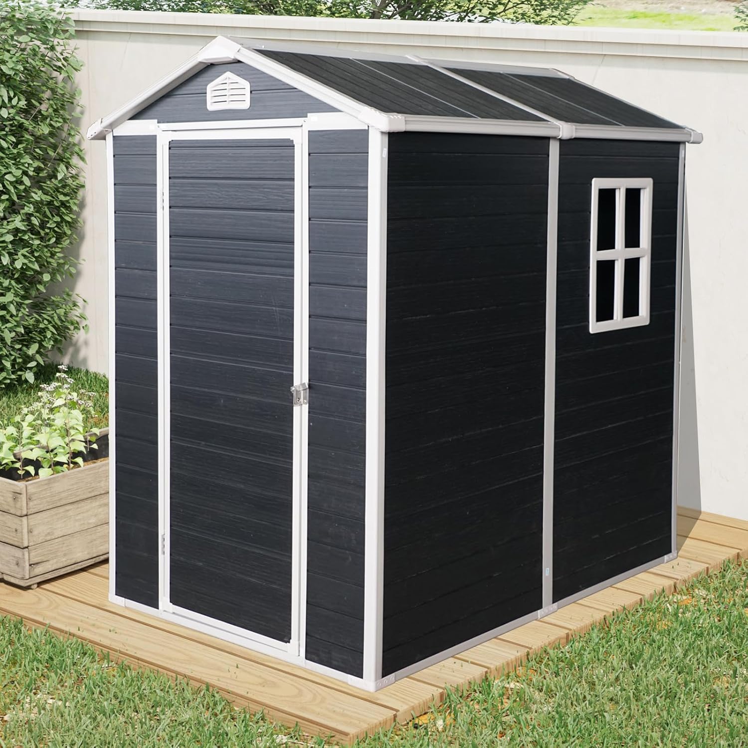 4x6 FT Outdoor Storage Shed,Garden Shed with Floor & Window,All Weather Waterproof Tool House W/Air Vent,Sloped Roof & Lockable Door,for Patio,Yard,Lawn,Black