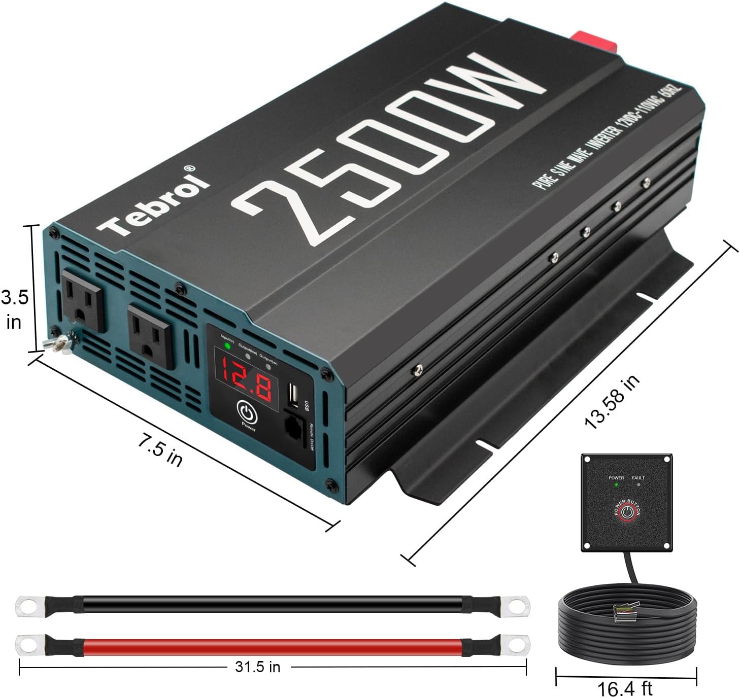 2500W Pure Sine Wave Inverter 12V DC to 110V AC Converter for Home, RV, Truck, Off-Grid Solar Power Inverter with Built-in 5V/2.1A USB, AC Hardwire Port, Remote Controller