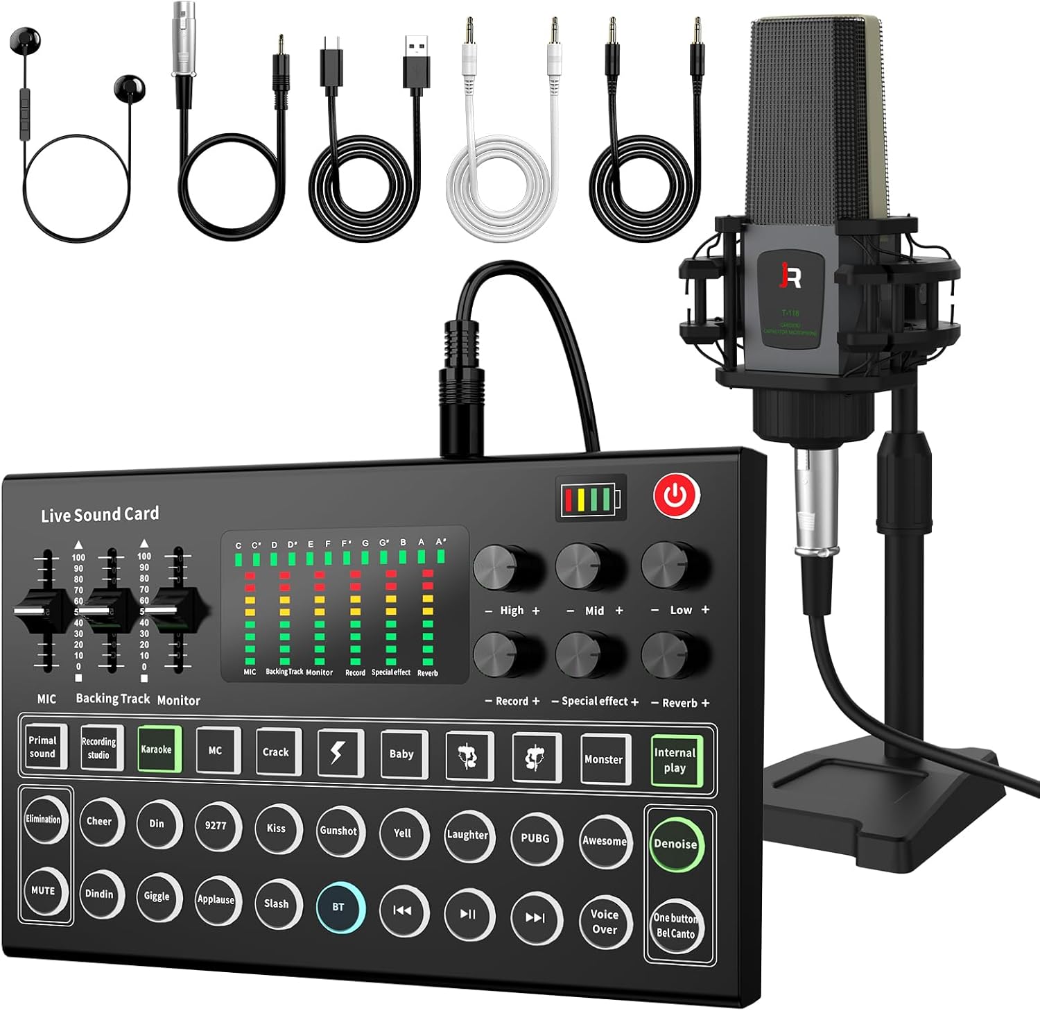 RHM M9 Podcast Equipment Bundle, All-in-One Audio Interface with Microphone & Earphone, 13 Sound Effects, Support Voice Changing/Noise Reduction/Elimination, Great for TikTok, Youtube, Facebook live