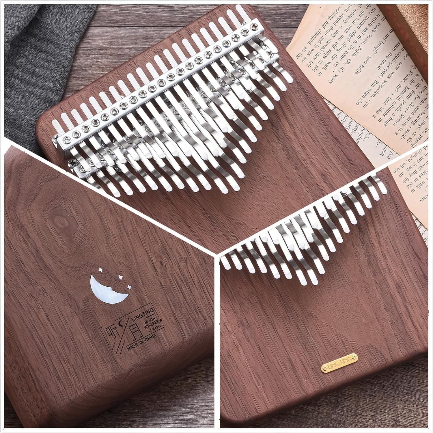 LingTing Kalimba 42 keys Solid Walnut Wood Thumb Piano Chromatic Mbira Finger Piano Gift for Adult Beginners Professional（LT-K42W,Moon Whisperer)