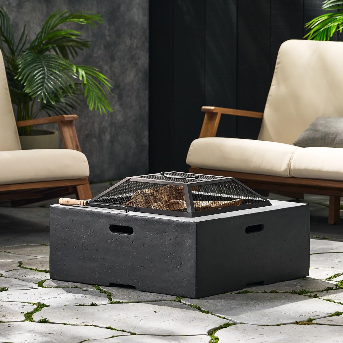 29 Inch Square Dark Gray Wood-Burning Fire Pit, Outdoor MgO Lightweight Concrete Fire Pit with Spark Screen & Poker, No Assembly Required, for Patio Garden Backyard