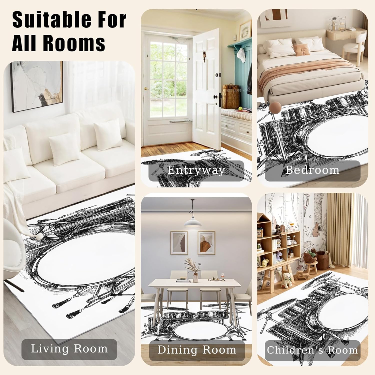 Drum Set Carpet for Bedroom, Sketch Music Theme Large Rug for Living Room, Musical Instrument Area Rug 8x10 ft Low Pile Soft Non Slip Machine Washable Rugs for Playroom Office Nursery Dorm