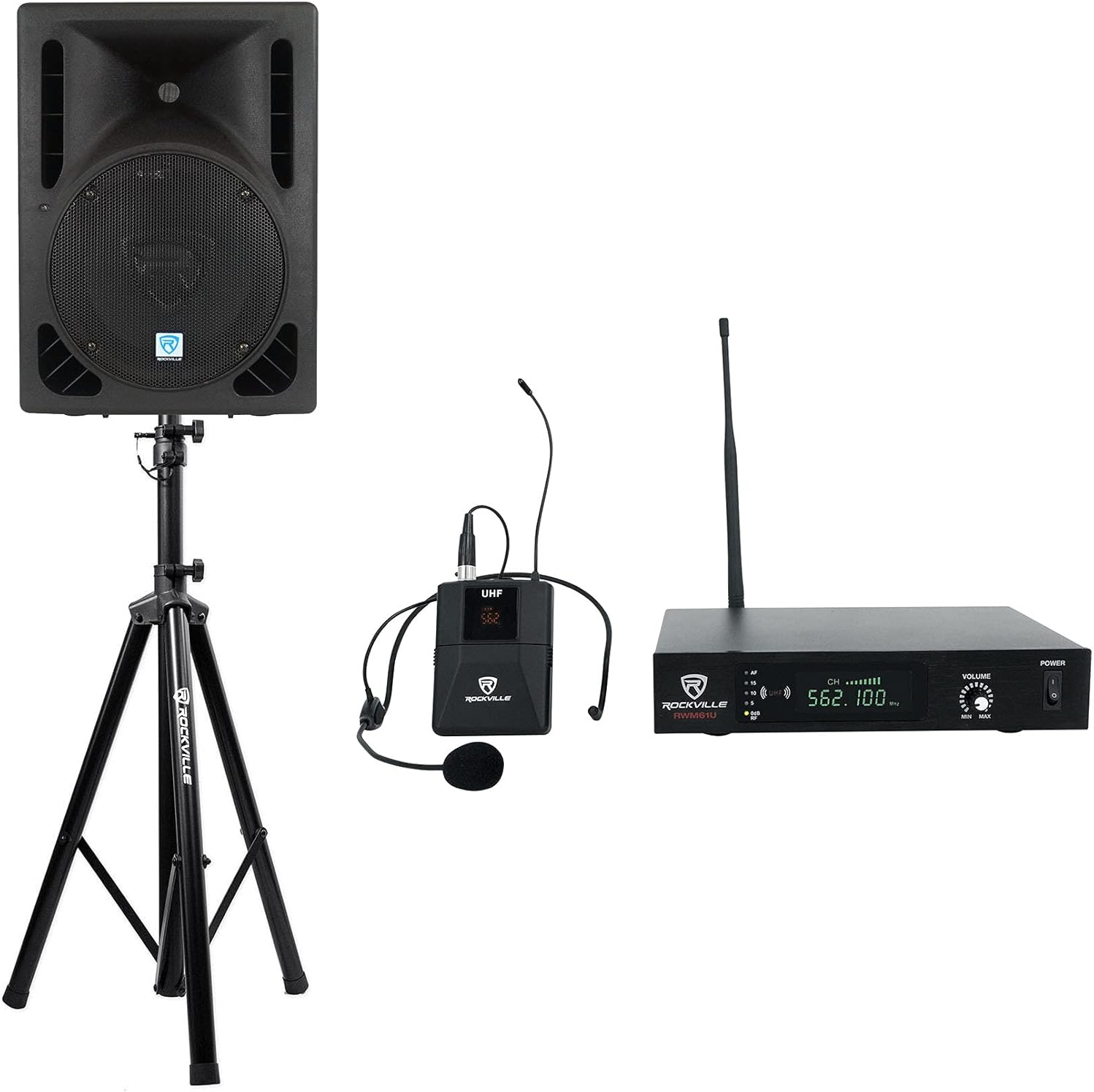 Rockville RPG10BT V2 Bundle: 10 in 600W Peak/150W RMS Powered Bluetooth DJ/PA Speaker with RVES05 Tripod Stand and RWM61U UHF Wireless Headset & Guitar Microphone System, Class AB Amplifier, 3-Items