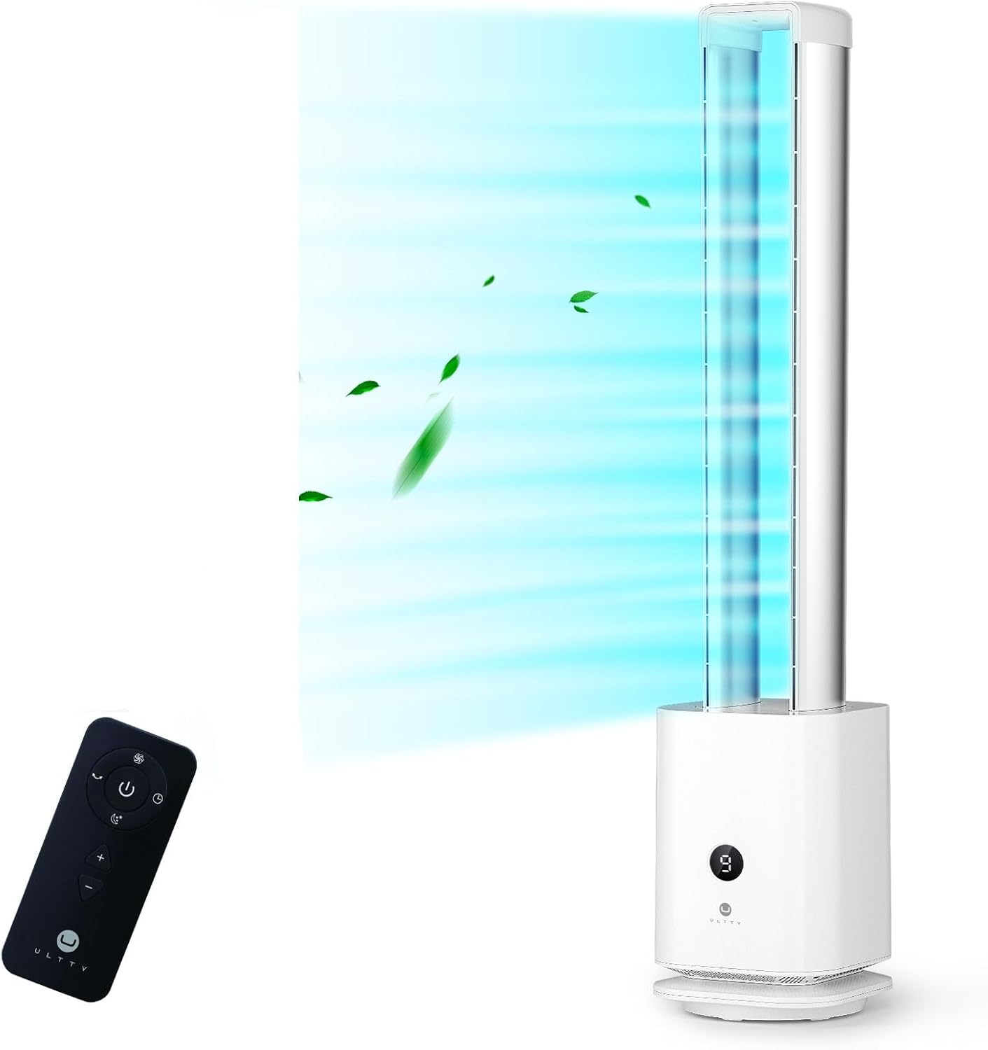 ULTTY Bladeless Tower Fan and Air Purifier in one, Bedroom Fan with HEPA Filter 99.97% Smoke Dust Pollen Dander, 42 Inch 90° Oscillating Tower Fan with Remote, Touch, 8H Timer