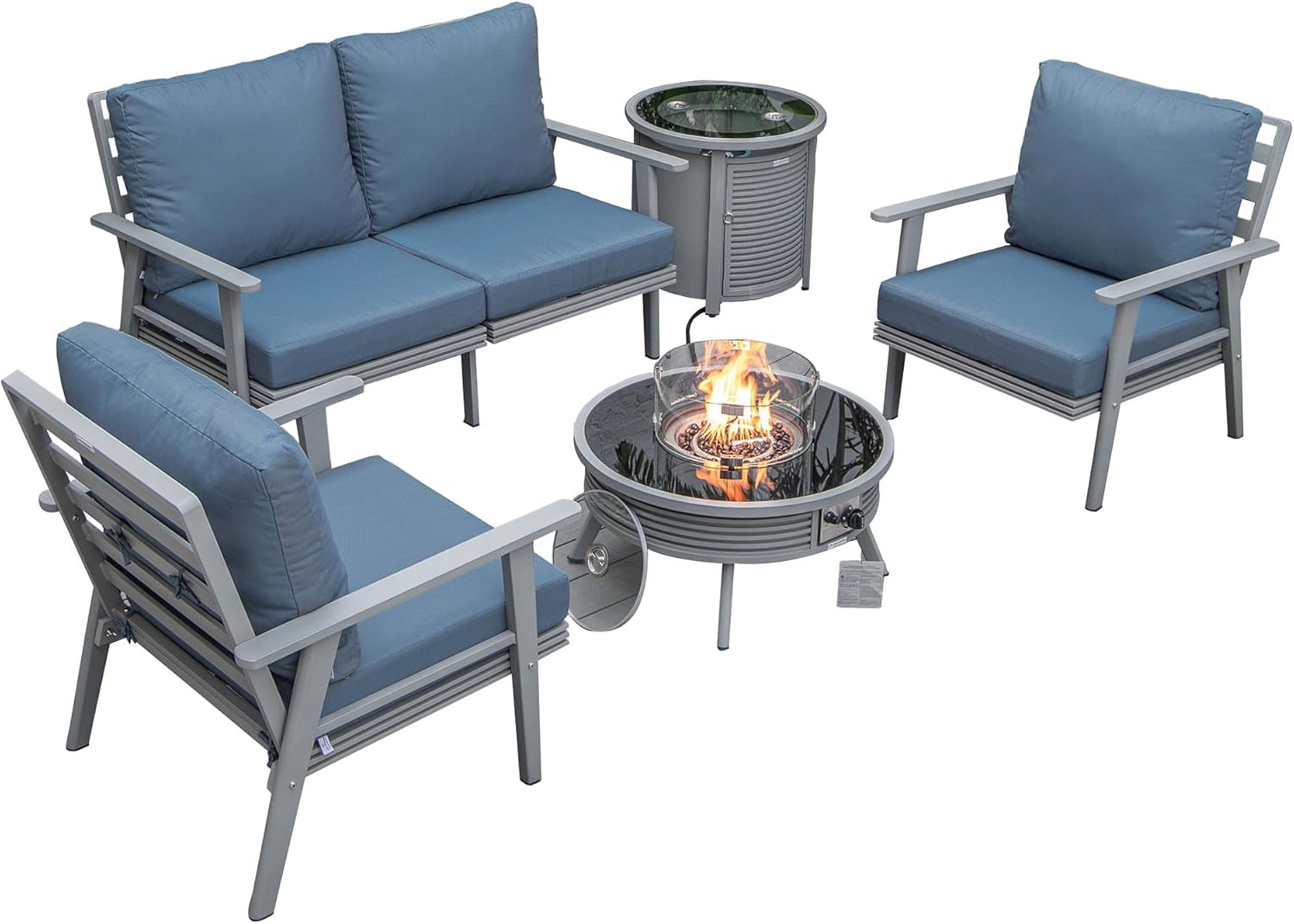 LeisureMod Walbrooke Modern Aluminum 5-Piece Patio Conversation Set with Outdoor Round Fire Pit Slats Design & Side Table Tank Holder, Navy Blue