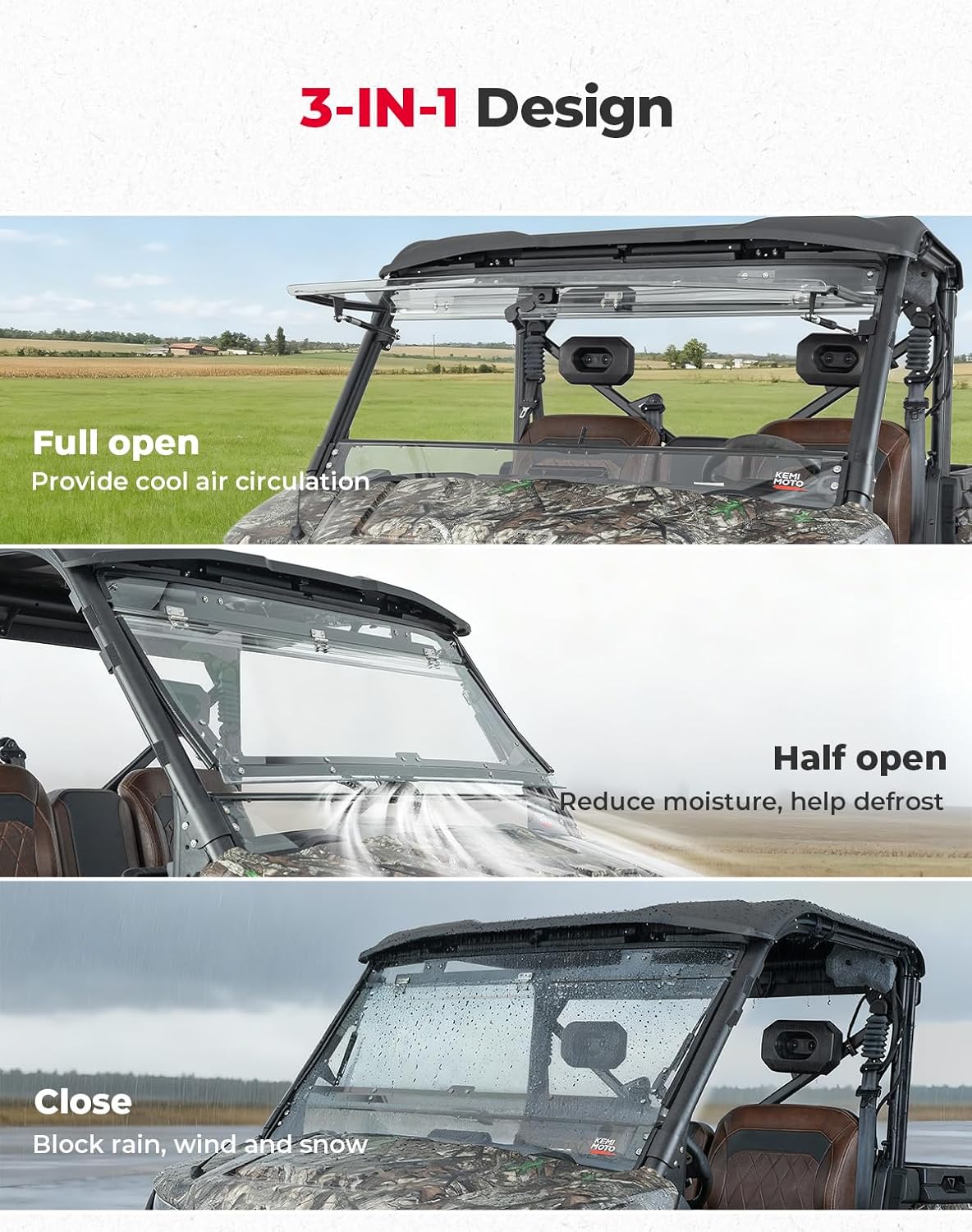 KEMIMOTO 3-IN-1 Flip Windshield Compatible with CFMOTO UFORCE U10 Pro/Pro XL 2025+, Upgraded Handle Windshield with Pre-Installed Rubber Strips, Anti-Scratch Front Window Accessories