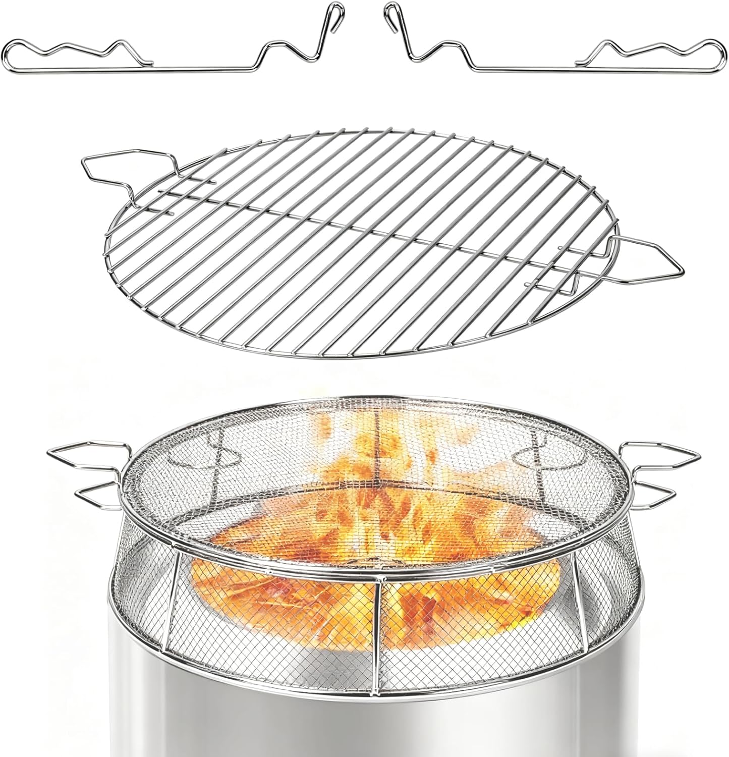 Fire Pit Spark Shield Cover & Cooking Grate for Solo Stove Bonfire 19.5 Inch, 304 Stainless Steel Fire Pit Accessories with Stand & 2 Guide Sticks, All-in-One Lid, Spark Screen and Grill Grate​​