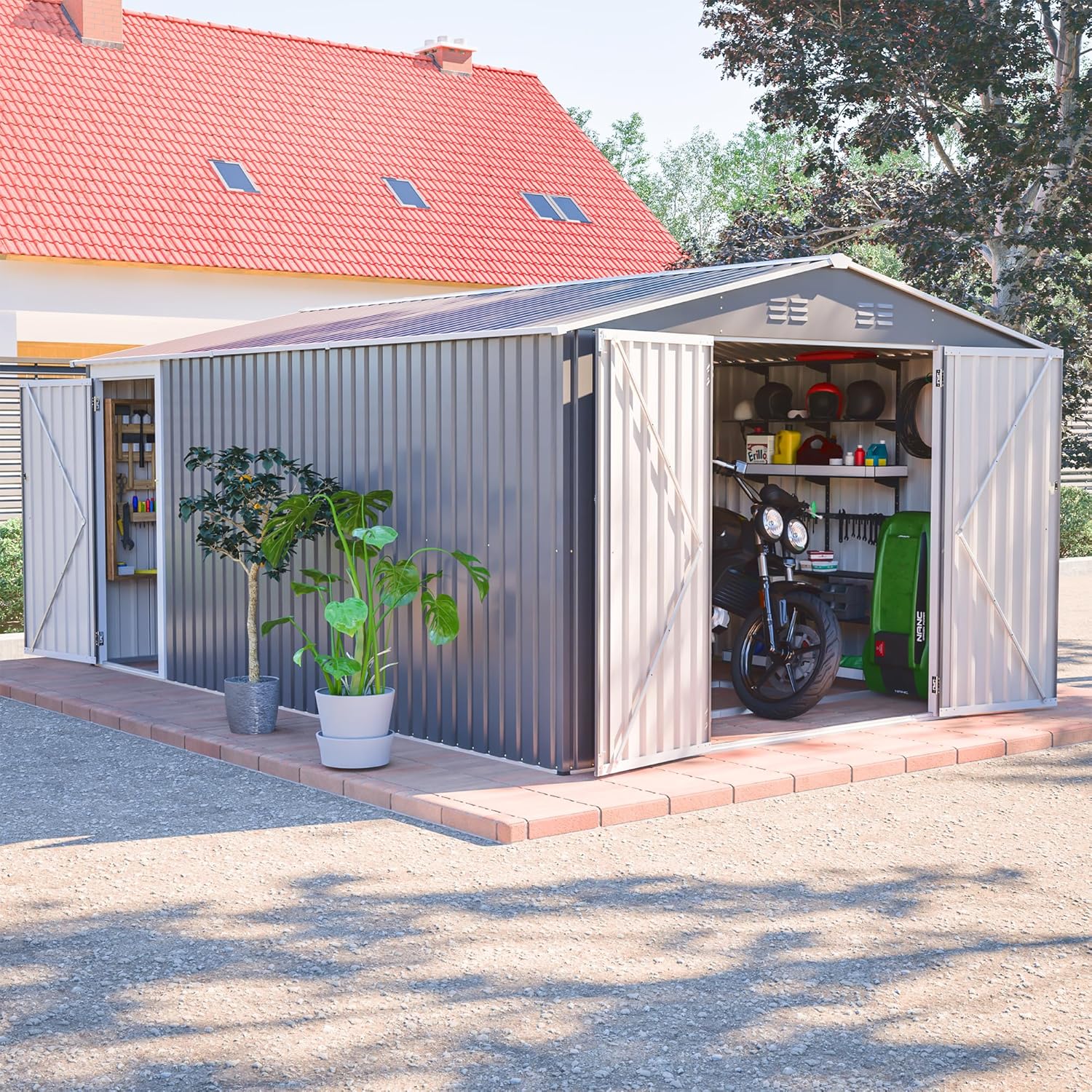 14x10 FT Outdoor Storage Shed,Metal Shed W/ 3 Lockable Doors，Floor Frame & Side Door,Garden Tool House W/ 4 Air Vents & Sloped Roof,for Backyard Patio Lawn,Light Gray