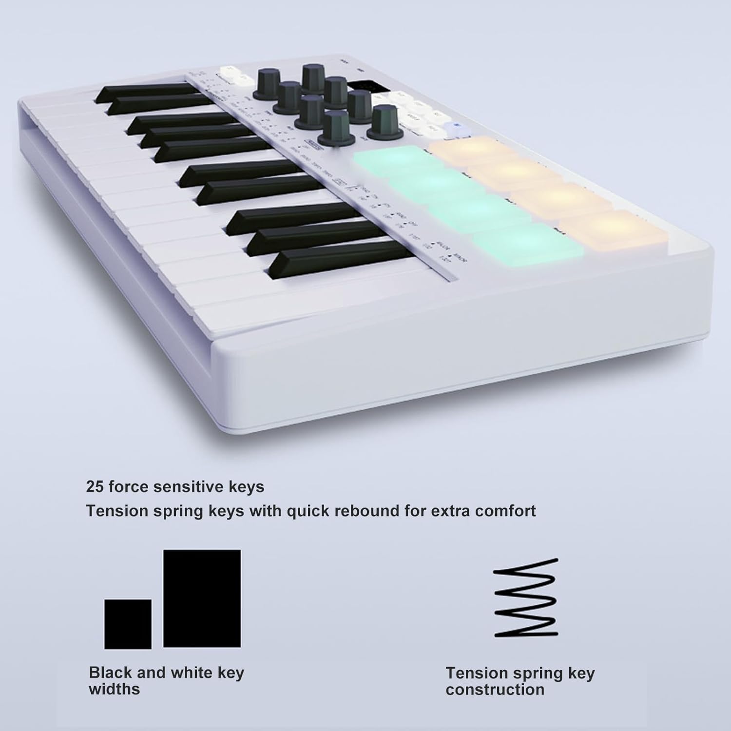 USB MIDI Keyboard Controller, MIDI Keyboard with 8 Beat Pads, 8 Backlit Drum Pads, 8 Assignable Knobs and Music Production Software [ BT Wired Connection ]