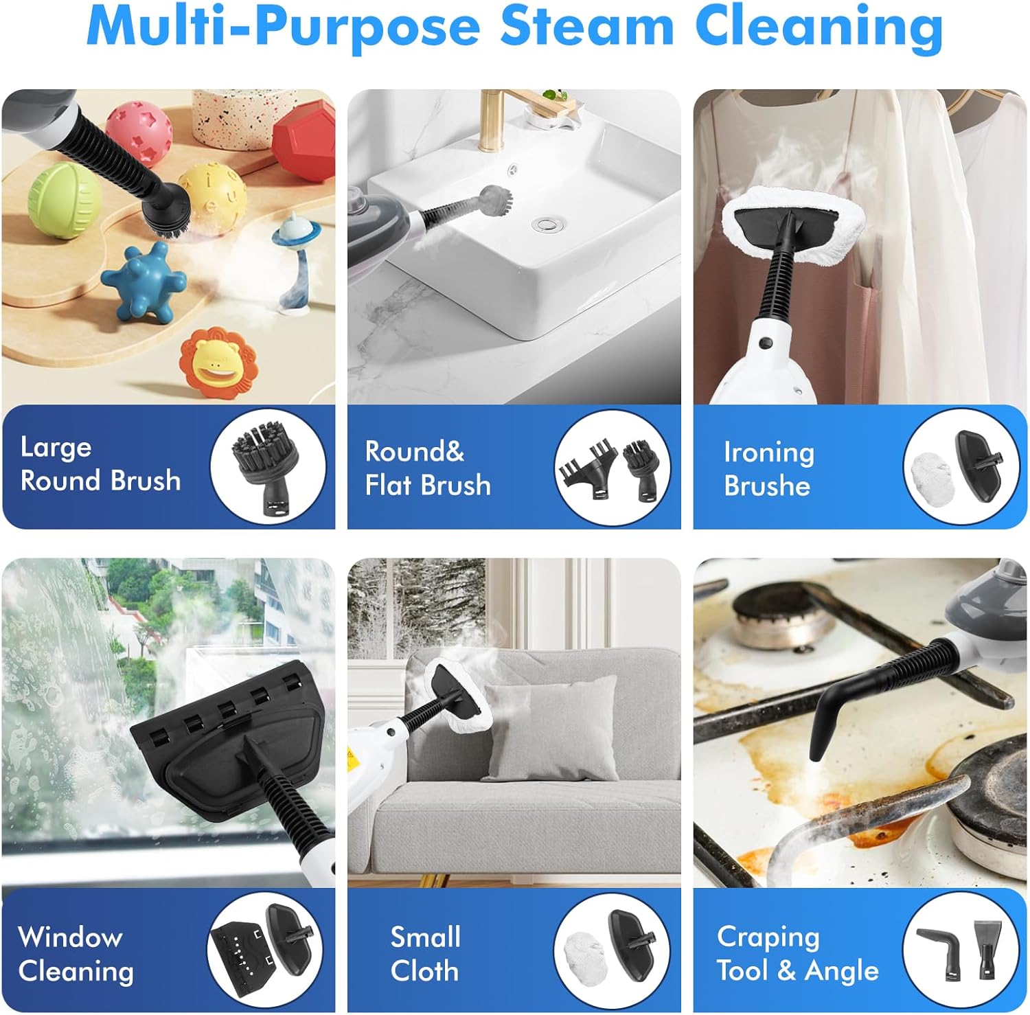 Steam Mop - All-in-one Powerful Handheld Steam Cleaner Detachable Floor Steamer with 11 Accessories, MultiPurpose Steamer for Hardwood Floors, Clothes,Windows,Tiles,Carpet, Whole Home Use,Grey