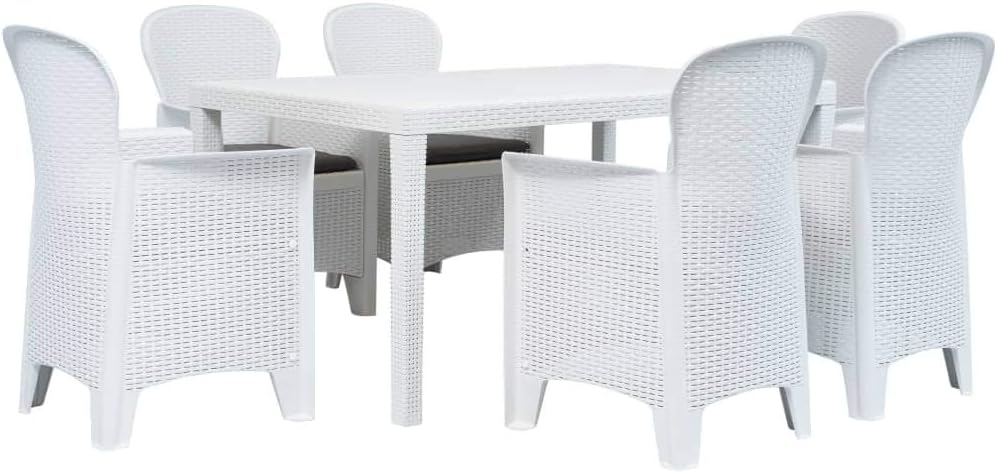 7 Piece Patio Dining Set Plastic White Rattan Look,Rattan Look Patio Dining Set with 6 Chairs Durable Plastic Weather Resistant and Lightweight Furniture Sets for Patio, Lawn & Garden