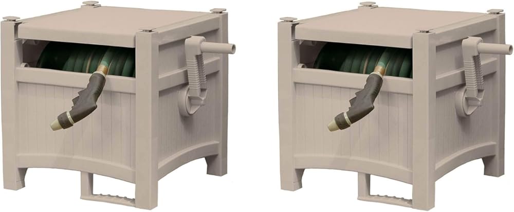 Suncast 100 Foot Capacity Hideaway Garden Hose Reel for 1.9 inches Hose Outdoor Storage with Stay Up Lid and Crank Handle, Taupe 2 Pack