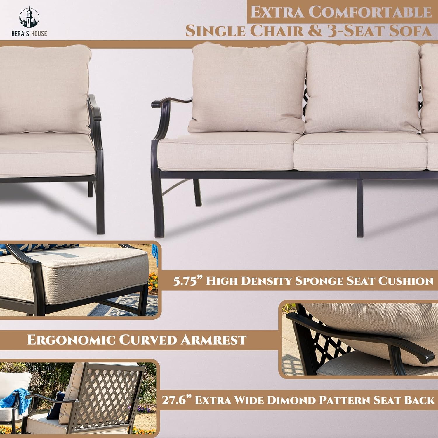 HERA'S HOUSE 4 Pieces Patio Furniture Set with Fire Pit Table, 2 x Single Chair, 3-Seat Sofa with 45