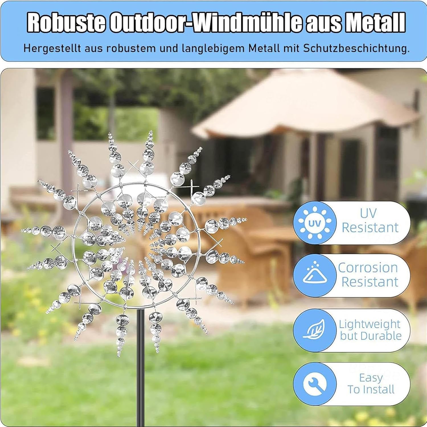 Solar Magical Metal Windmill, Garden Spinners Outdoor 3D Wind Powered, 13.4 x 71in Yard Spinner,Gold