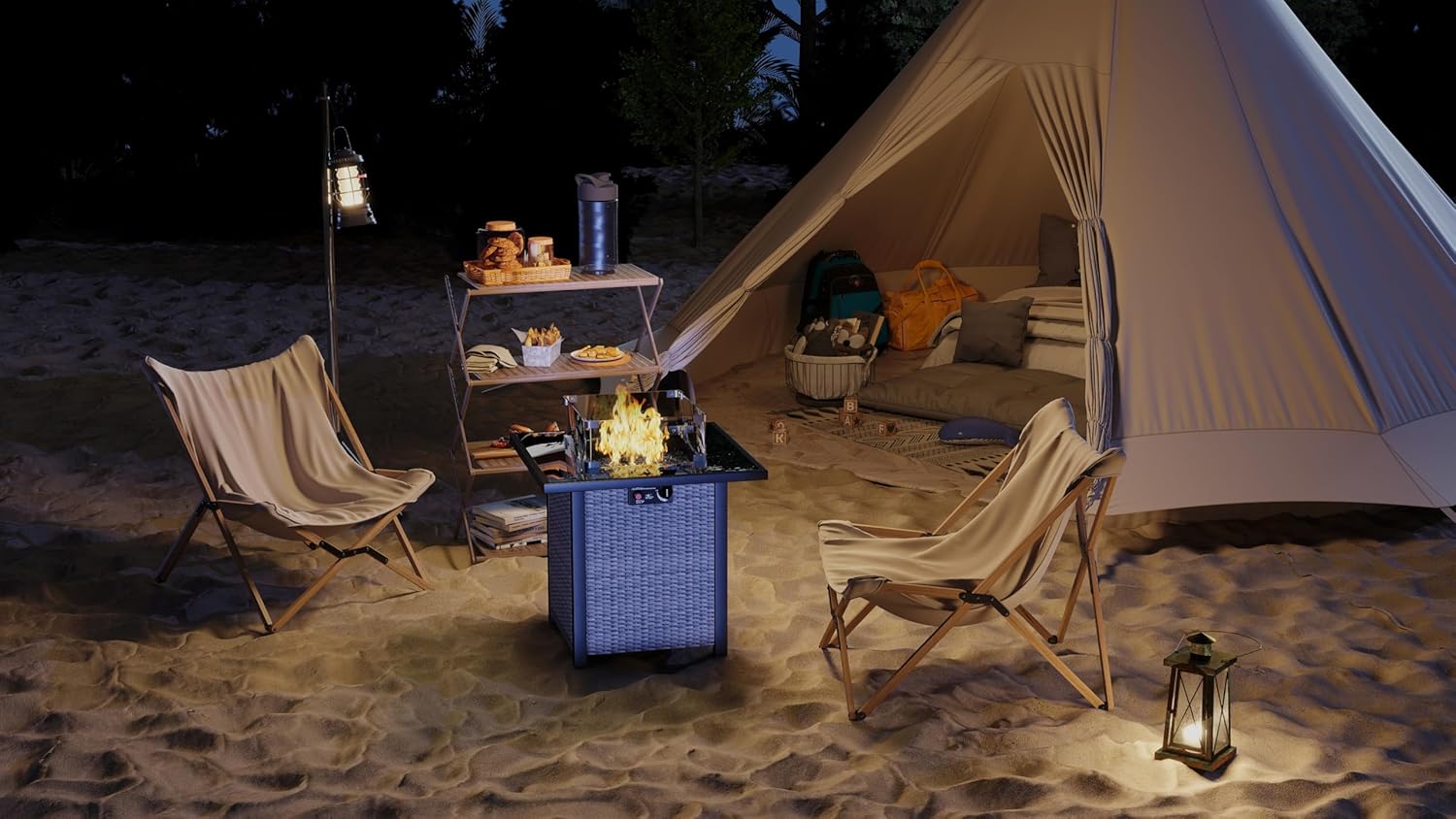 28 Inch Propane Fire Pit Table, Rattan Wicker Look, 50000 BTU Gas Firepits Tempered Glass Tabletop with Glass Windscreen Protector for Outside Patio and Garden(Grey+White)