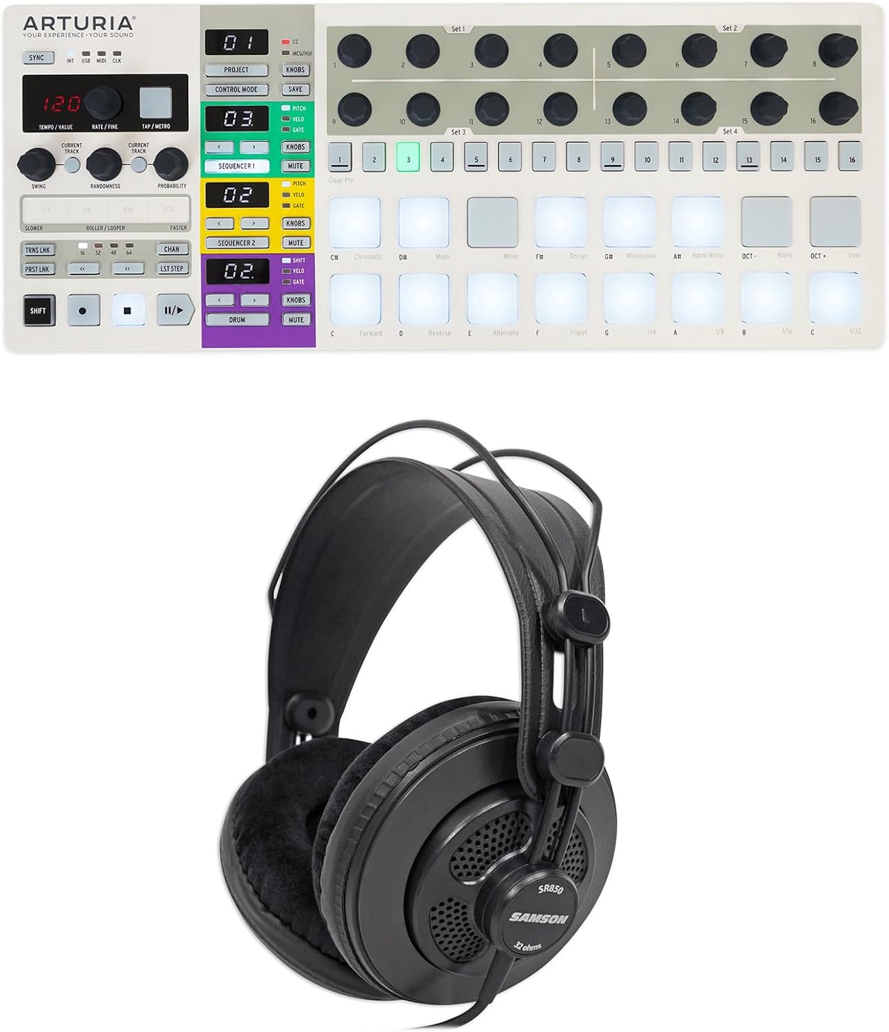 Audiosavings Bundle: (1) Arturia BeatStep Pro 64-Step Sequencer Midi USB DJ Recording Pad Controller Bundle with (1) Samson SR850 Professional Semi-open Studio Reference Monitoring Headphone (2 Items)