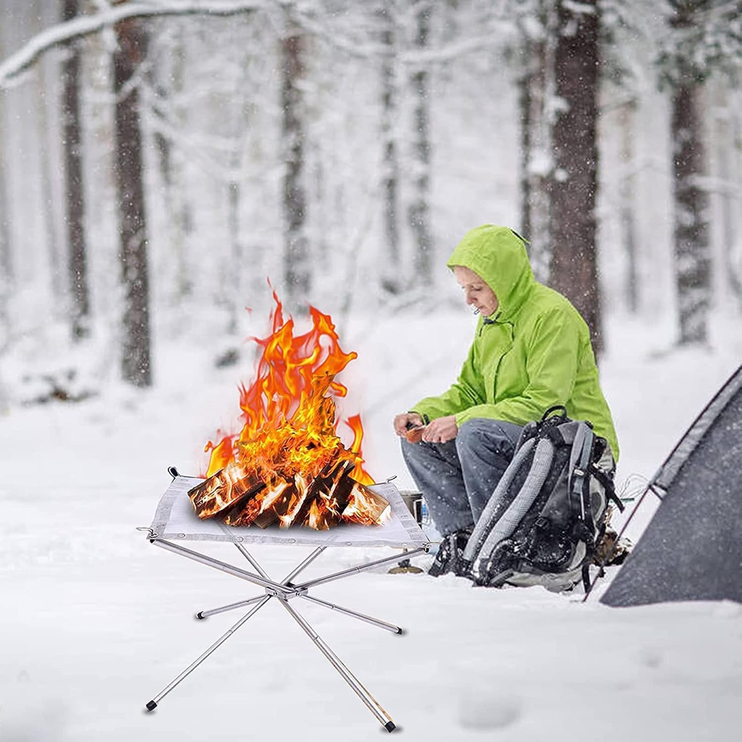 Portable Fire Pit with Carrying Bag Foldable Stainless Steel Charcoal Mesh Camping Picnic Bonfire Firepit Wood Burning Garden Patio Backyard Outdoor Travel Fireplace