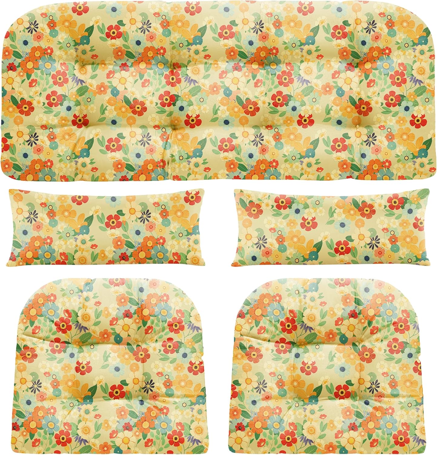 Wicker Chair Cushions of 5 Pieces, Waterproof Outdoor Loveseat Cushion for Wicker Furniture, 1 Love Seat Cushion, 2 U-Shape and 2 Lumbar Pillows for Patio Furniture (Yellow Chrysanthemum)