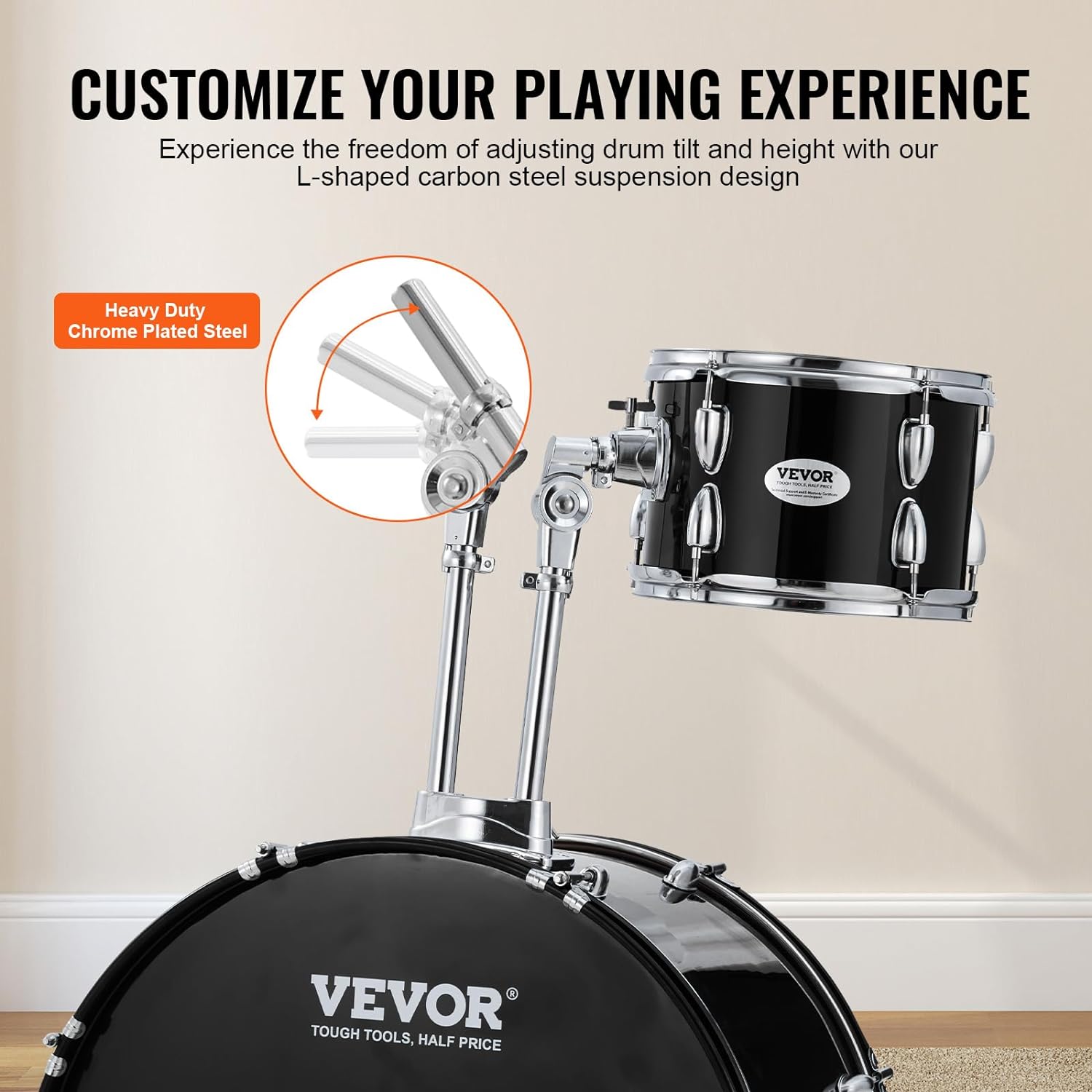 VEVOR Adult 5-Piece Drum Set, 22 Inches Complete Full Size Kit with Bass, Toms, Snare, Floor, Adjustable Throne, Stands, Cymbal, Hi-Hat Pedal and Drumsticks, Black