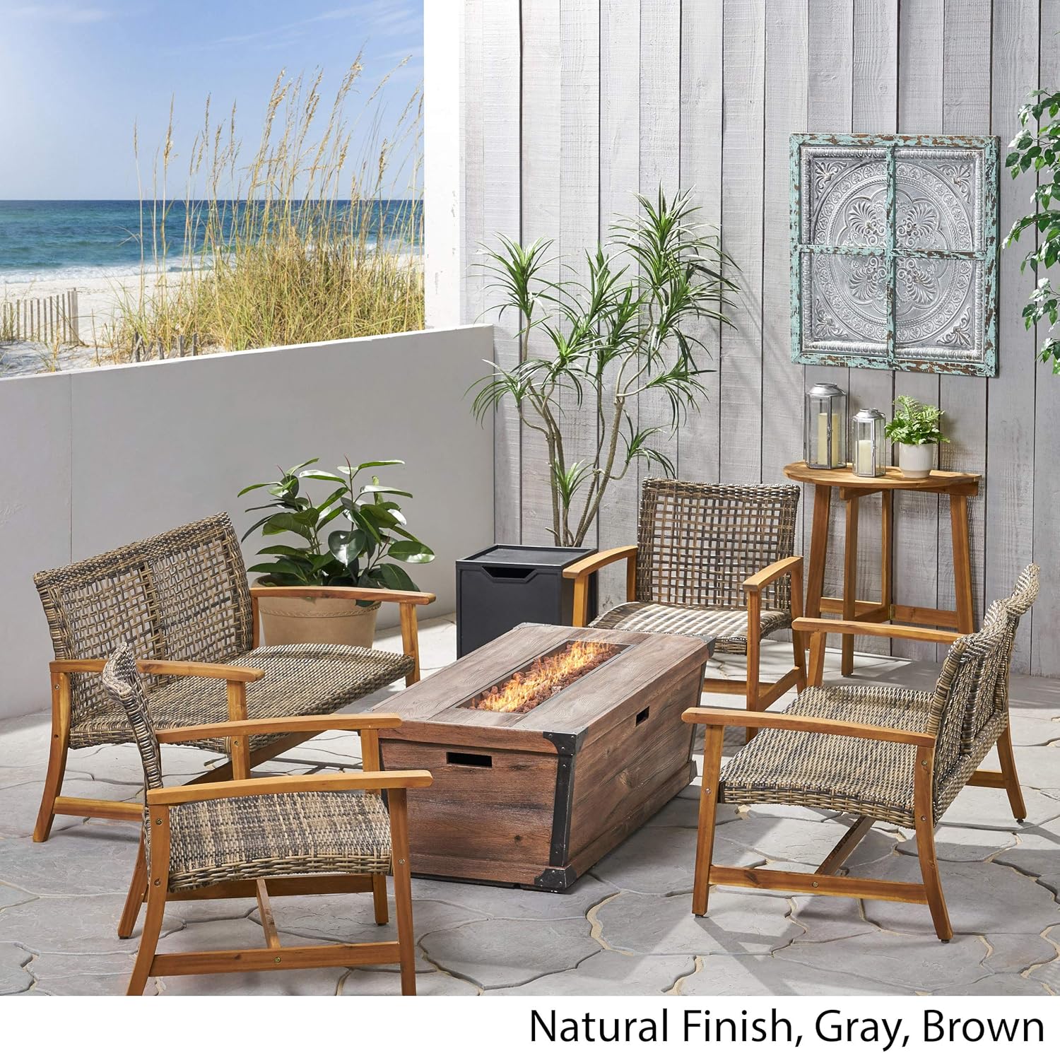 GDFStudio Outdoor 4 Piece Wood and Wicker Chat Set with Fire Pit, Natural with Gray and Brown